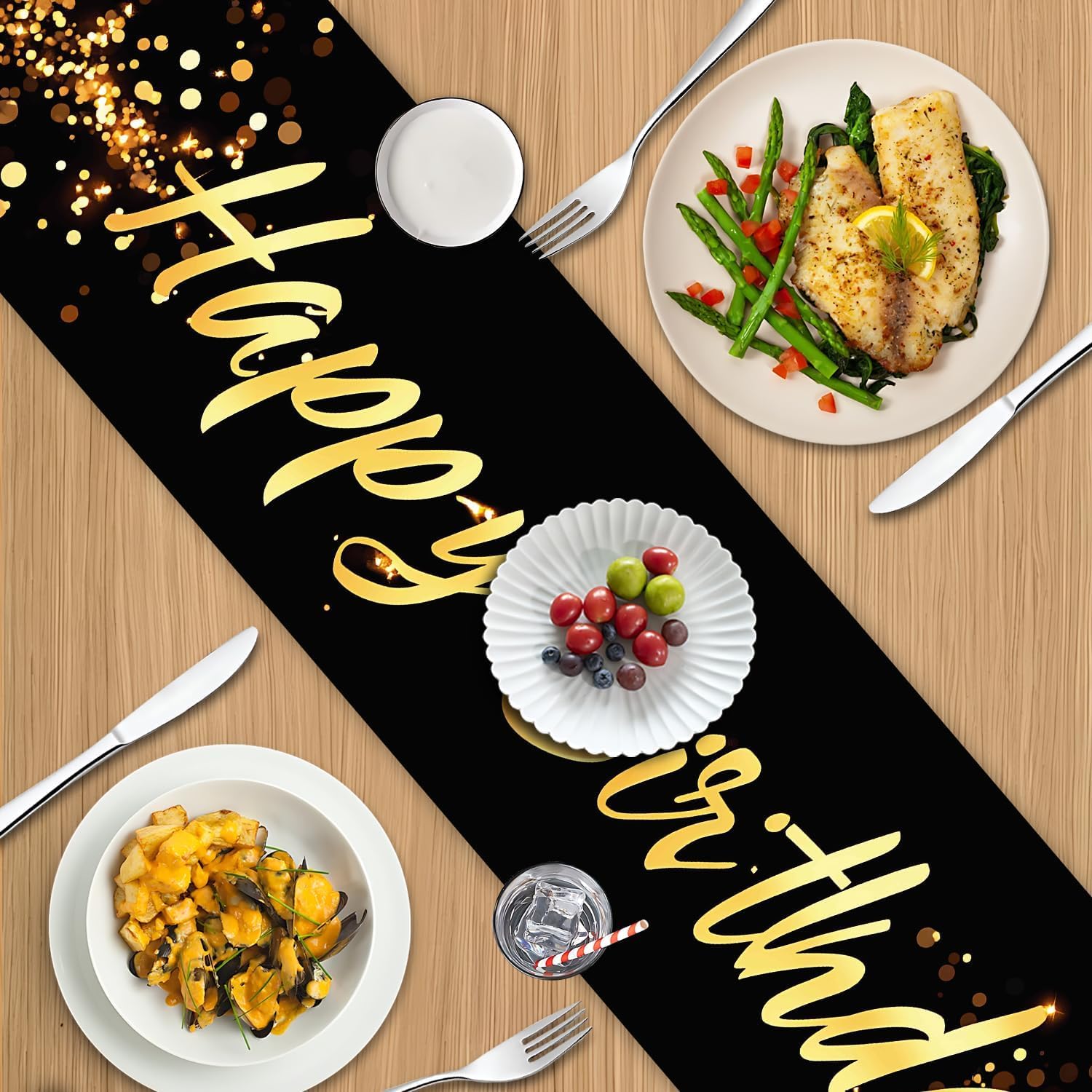 Elegant Black and Gold Happy Birthday Table Runner – 13x72 Inch Birthday Table Decor with Glitter Design, Modern Party Decoration for Dining Table, Buffet, or Celebration Setup image 4