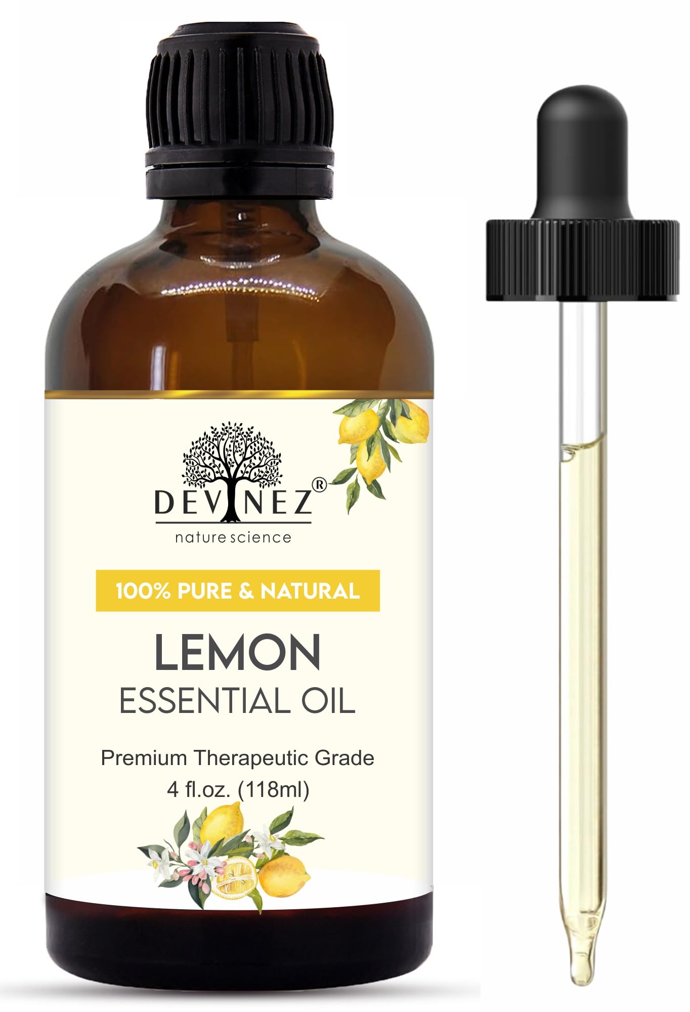 Devinez Lemon Cold pressed Certified Essential Oil with Premium Dropper - 100% Pure, Undiluted & Natural for Hair Care, Scalp Massage & Skin Care, Diffuser, Aromatherapy, Humidifiers (118 ml)