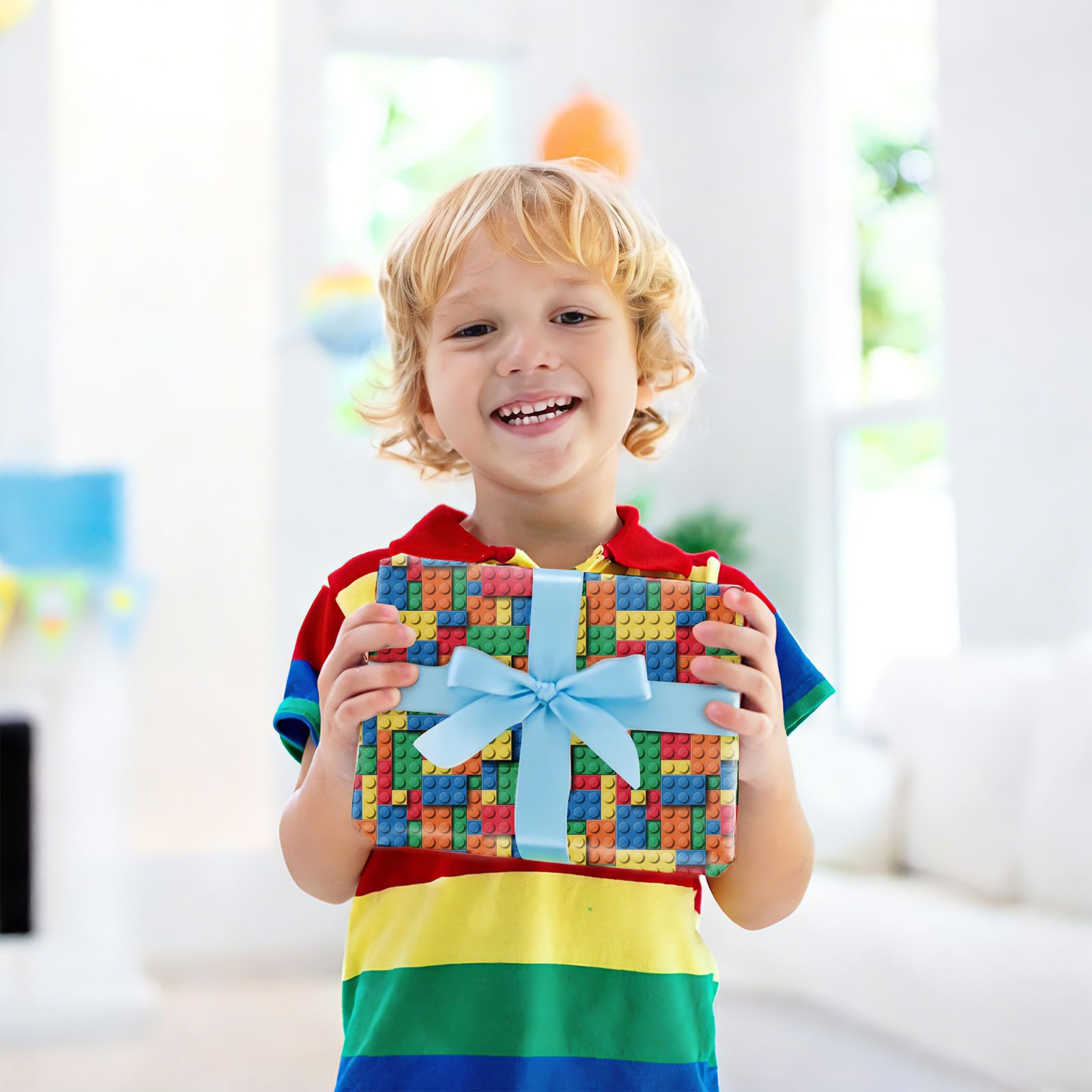 PlandRichW Building Blocks Wrapping Paper for Boys Girls - 4 Large Folded Sheets, 40"x 28" Colorful Building Bricks Design Gift Wrap for Kids Birthday, Toys, Baby Shower