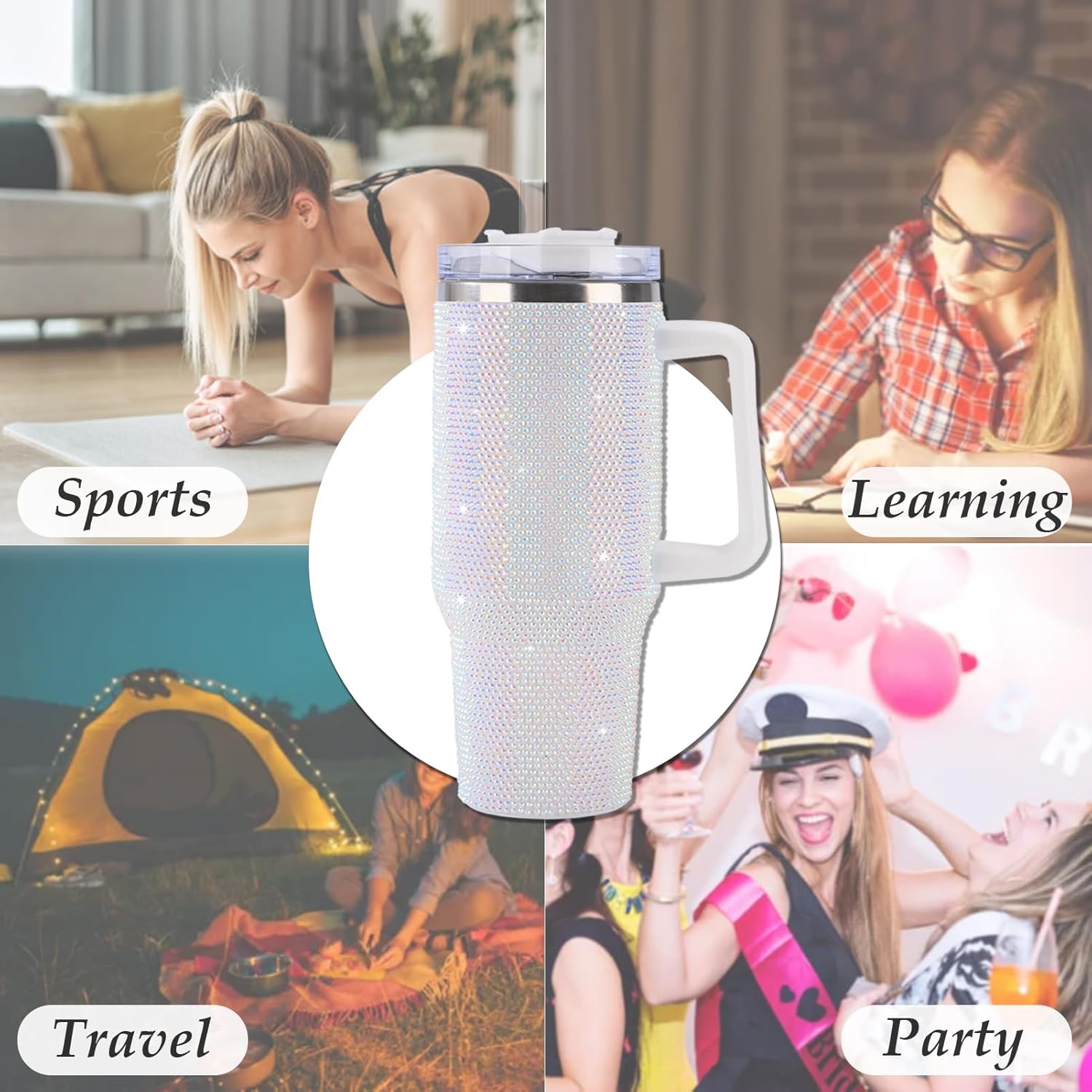40oz Rhinestone Bling Tumbler with Handle and 2 Straw,Glitter Travel Mug with Lid,Rhinestone Water Bottle,Diamond Vacuum Insulated Stainless Steel Cup for Girls Women (White)