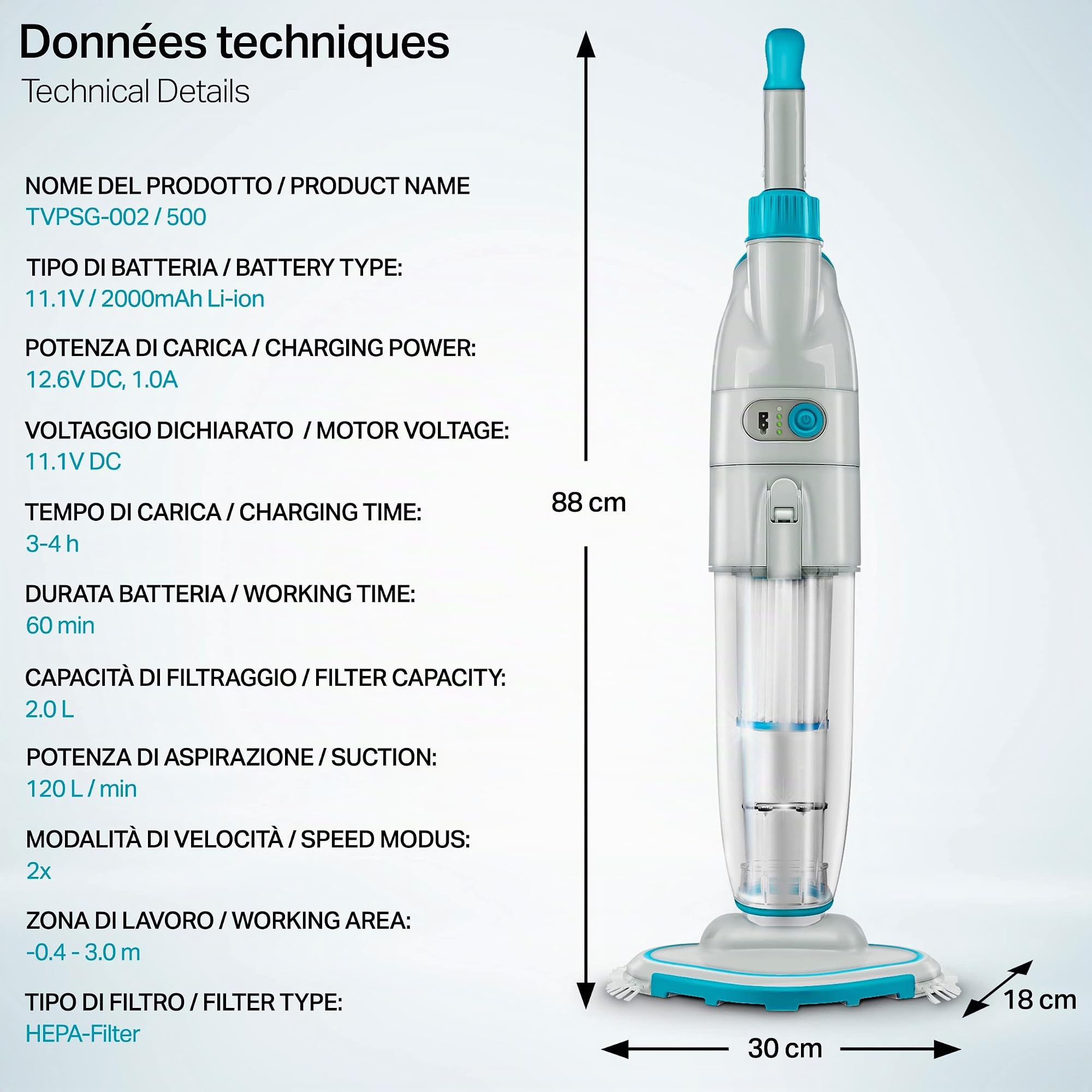 tillvex Aspirapolvere per piscina con batteria, asta telescopica per piscina, con filtro e sistema a 2 velocità, set di pulizia senza fili (fino a 25 m³, senza asta telescopica)