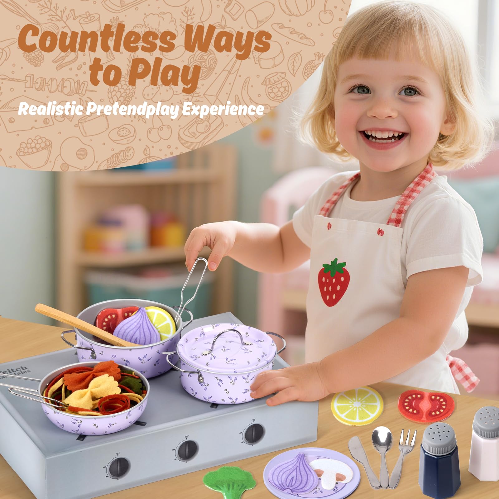 Matschküche Zubehör Outdoor Kinderküche Geschirr Set mit Spieltöpfen | Zubehör für Spielküche, Kindergeschirr & Küchenspielzeug | Kinder Küchenzubehör für Matschküchen (Lila)