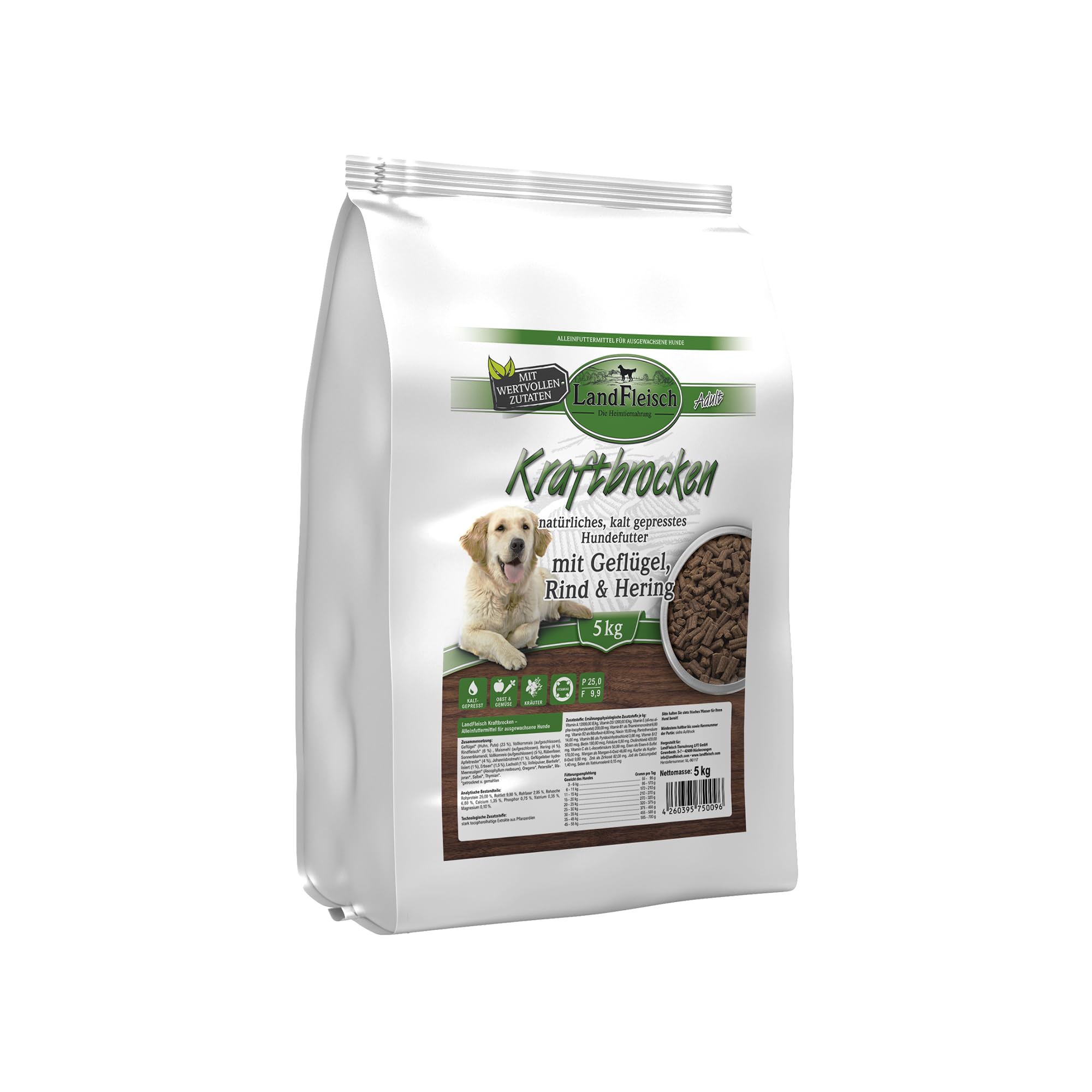 Landfleisch Dog Natur kaltgepresst – Alleinfuttermittel für ausgewachsene Hunde, 5 kg, 1er Pack