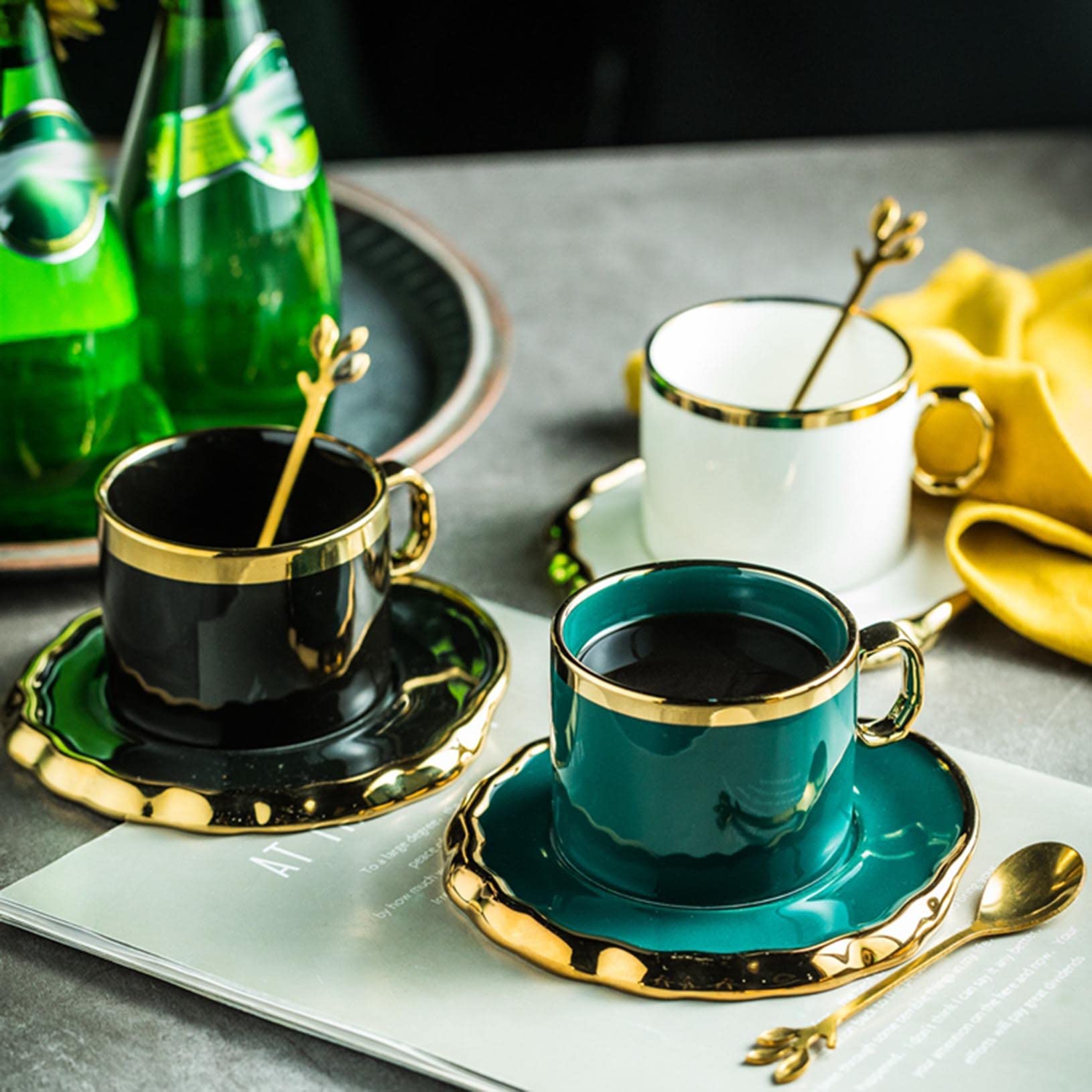 Amazon.com: MDHCOP Mugs,Coffee Mug,European Style Coffee Cup Set Black Gold  Vintage 6oz Ceramic Cup Coffee Mug with Spoon&Irregular Cups and Saucers  for Latte,Americano,Cappuccino,Tea,Beer black-180ml : Home & Kitchen