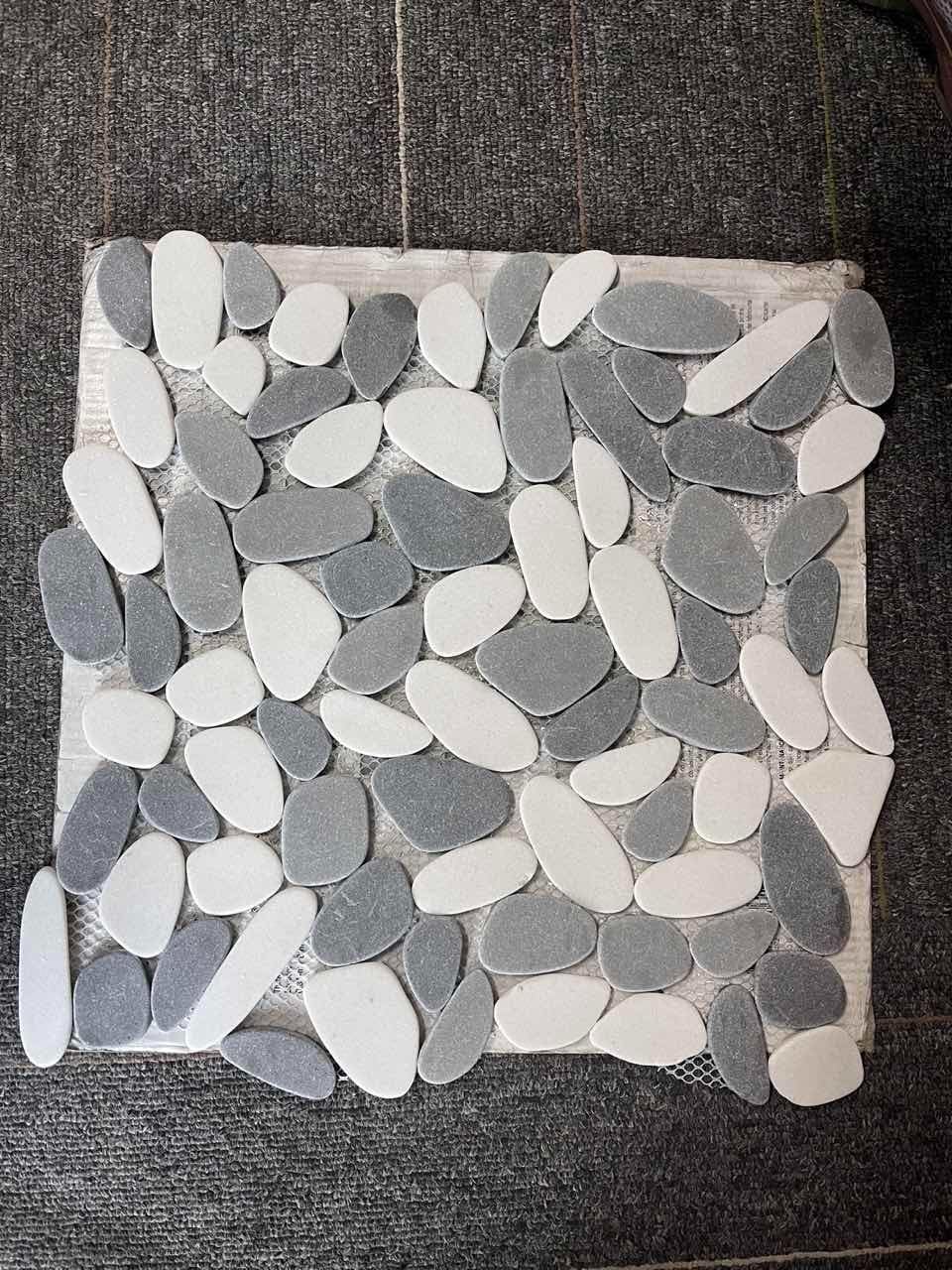 Diflart Pebble Tile for Shower Floor, Long Oval Pebble Sliced Mosaic in Gray and White, 5 Sq.Ft, Backsplash for Kitchen Bathroom Wall, Anti-Slip Floor Tile