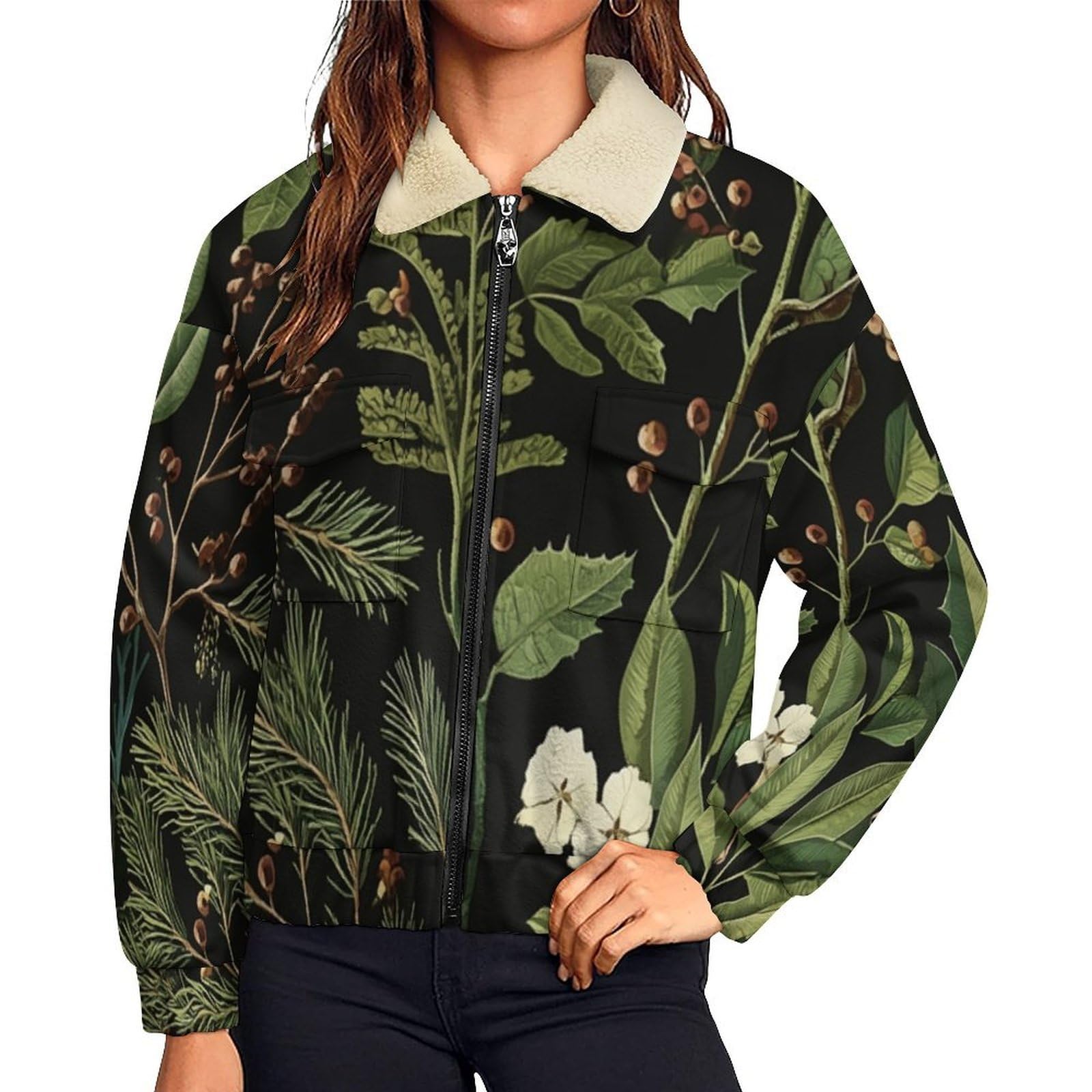 Giacca in Pile Caldi da Donna, Pianta Moda con Stampa a Foglie di agrifoglio e pigne, Invernale, a Maniche Lunghe, con Chiusura Lampo, Spessa, Comoda, con Tasche