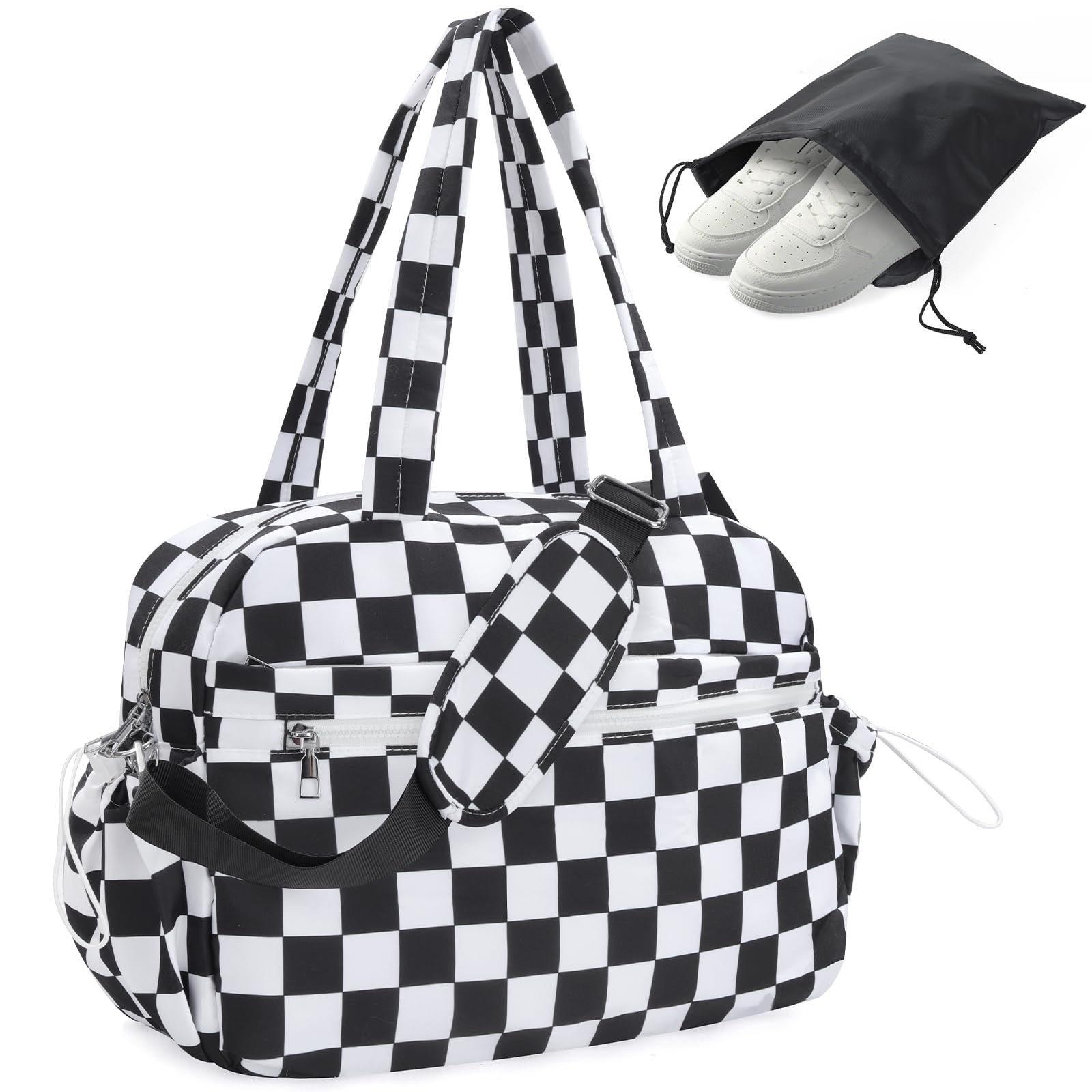 Outplea Checkered Small Gym Bag Women with Wet & Shoe Pocket, Travel Duffel Bag Carry On with Trolley Sleeve, Weekender Holdall Bag for Overnight Work Hospital, Black & White