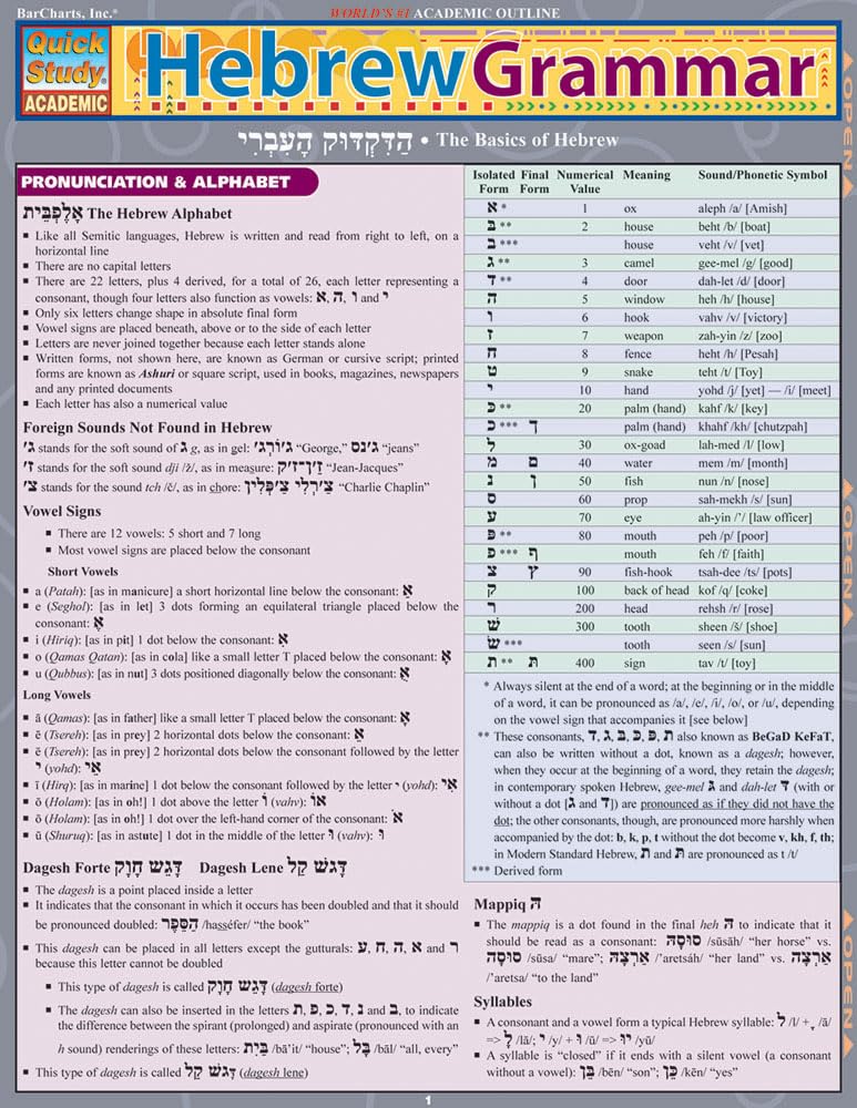 Hebrew Grammar QuickStudy Laminated Reference Guide (QuickStudy Academic)