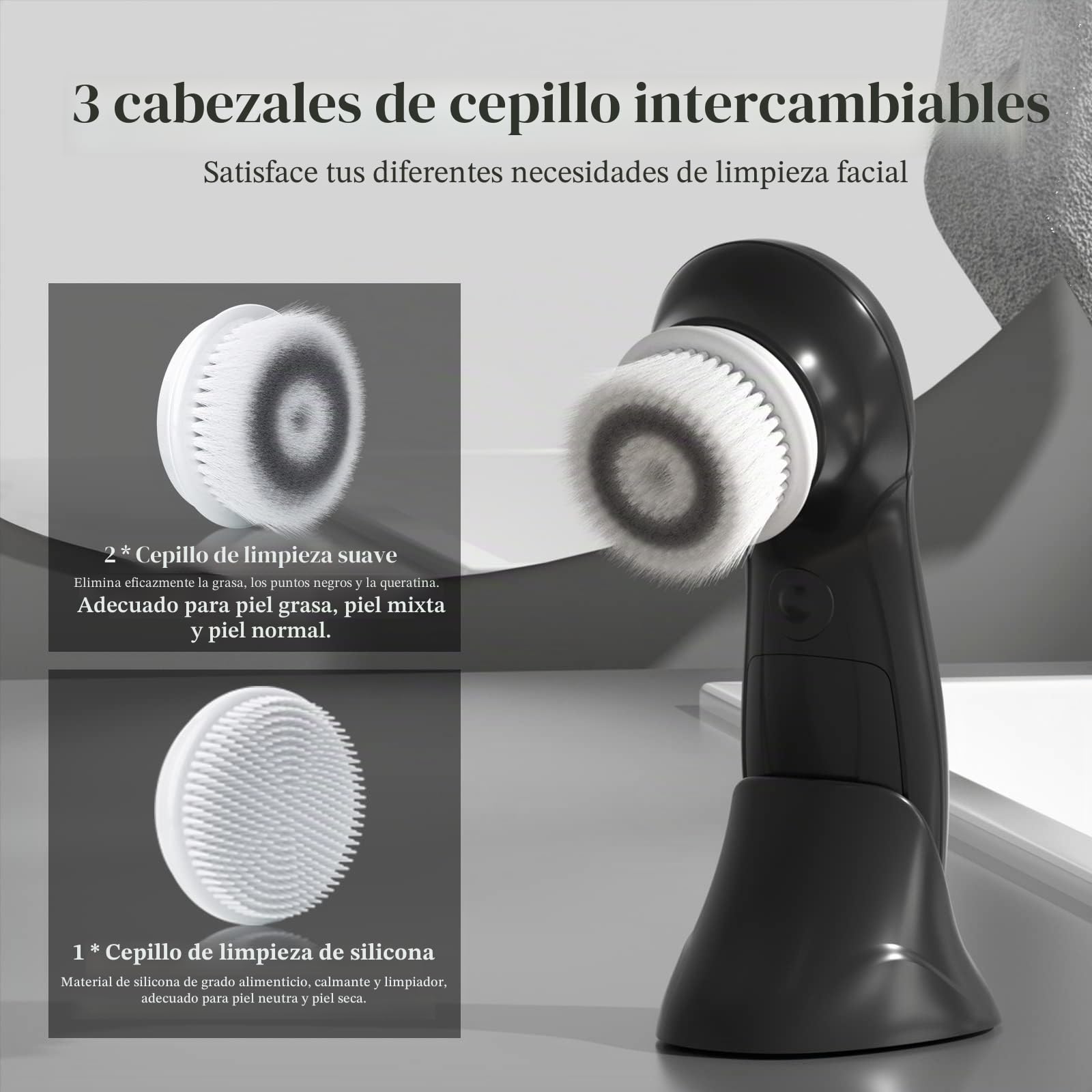 TOUCHBeauty Cepillo de Limpieza Facial para Hombre, Cepillo Limpiador Facial con Soporte, 3 Cabezales Exfoliantes, Doble Velocidad, Impermeable, Funciona con Batería, AG-0759M