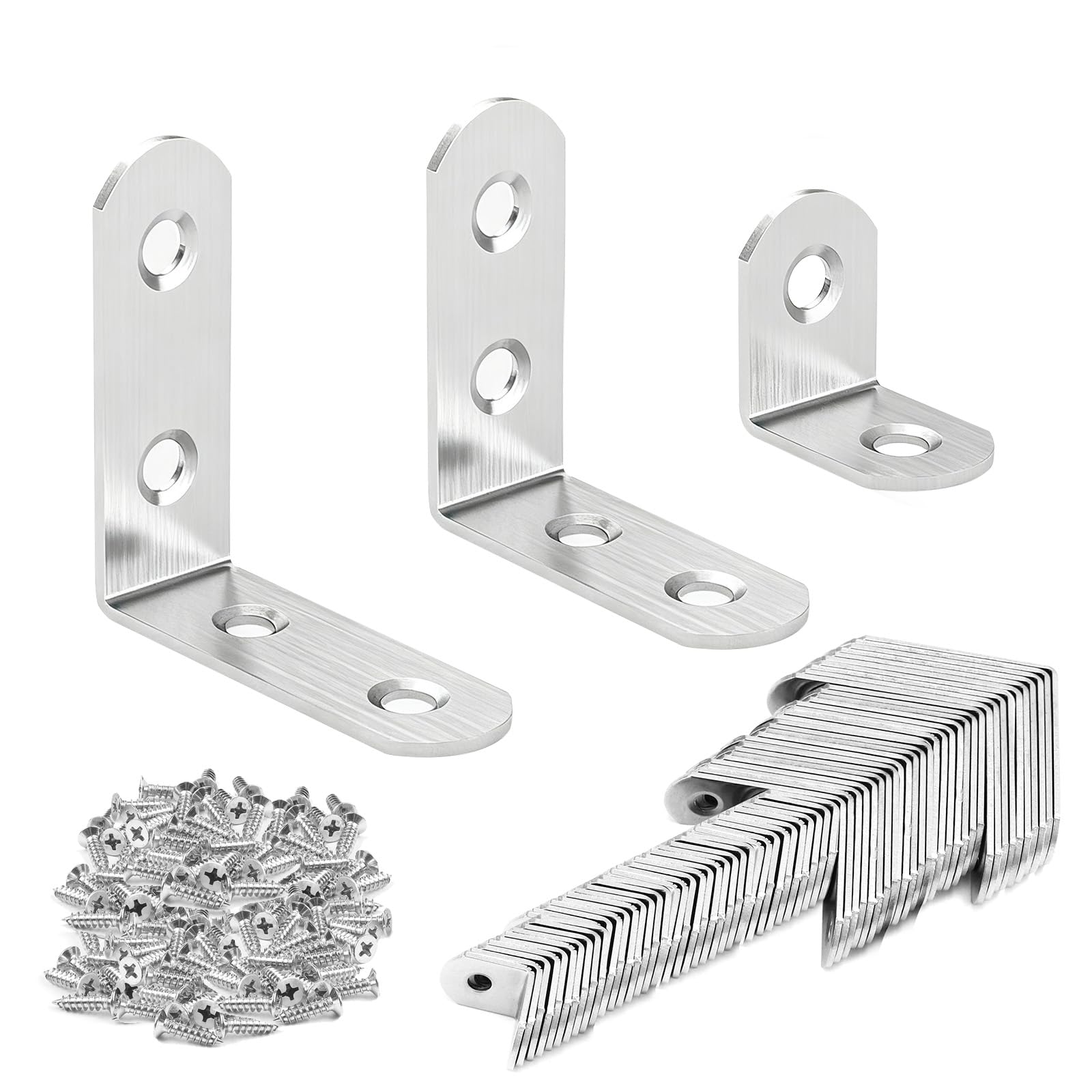 70 PCS L Brackets, Angle Metal Corner Brackets Stainless Steel L Shaped 90 Degree Right Angle Bracket with 200 Screws Brace for Wood Furniture Fixation