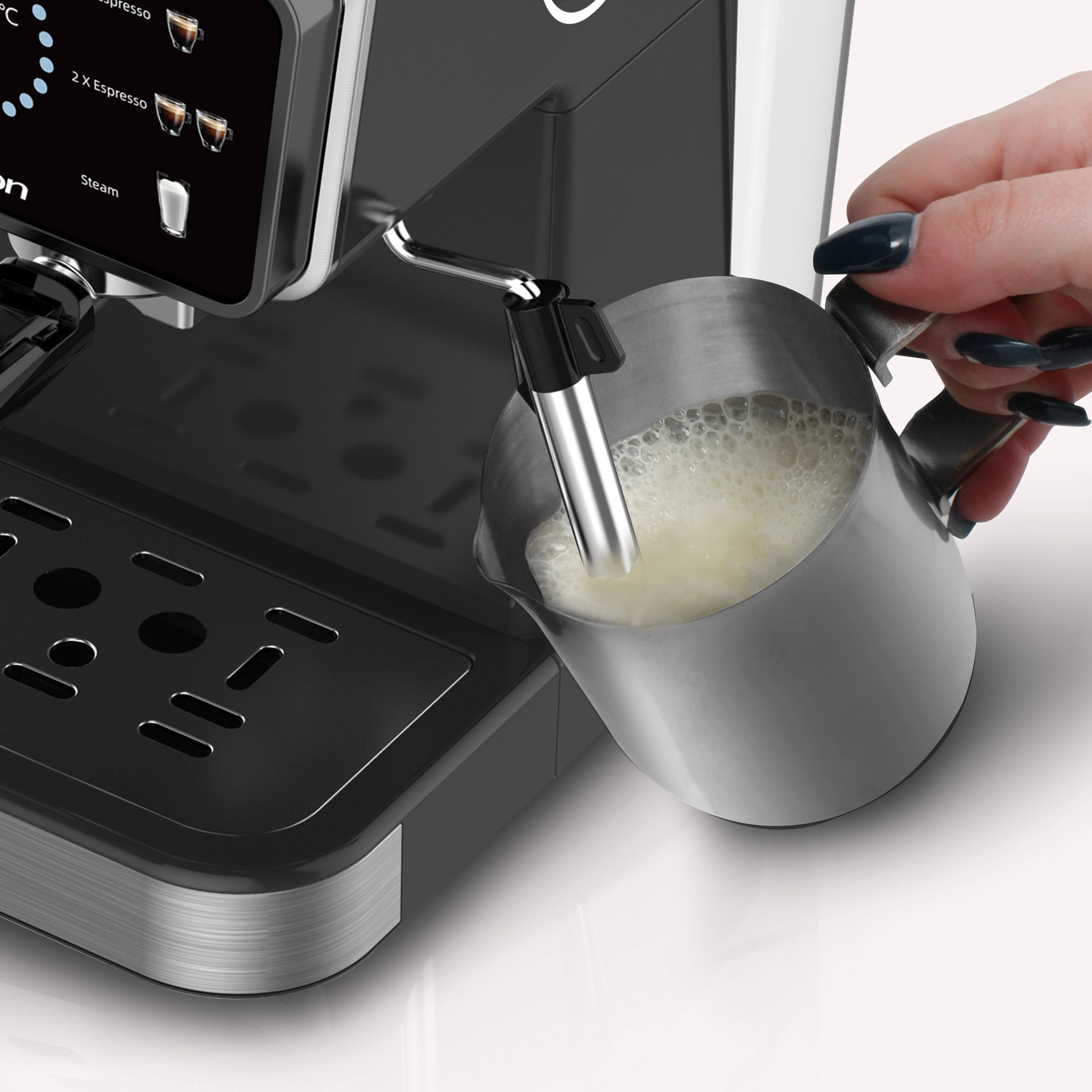 Rohnson Macchina per Espresso Caffè Macinato, Pompa da 20 Bar, Serbatoio Acqua Rimovibile da 1,5 L, 1350W, Tecnologia Caldo e Freddo, Lancia Vapore per Latte, Facile da Pulire, Design Efficiente