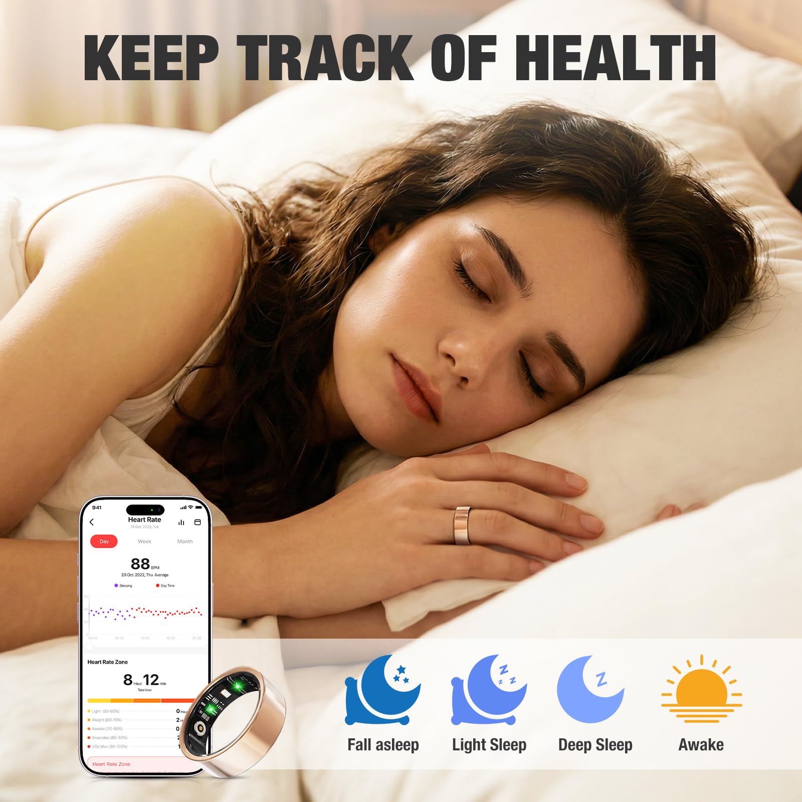 Moremore Anillo inteligente con frecuencia cardíaca, oxígeno en sangre, rastreador de sueño, rastreador de pasos, impermeable IP68, anillo de fitness para mujeres y hombres, compatible con iOS y