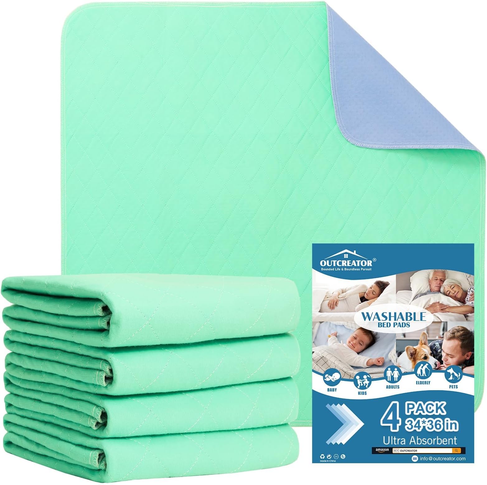 OUTCREATOR® Washable Bed Pads 34" x 36" (Pack of 4), Incontinence Mattress Protector, Anti-Slip Waterproof Underpads for Adults Kids Elderly Pets, Absorbency & Reusable Bedwetting Pads (Solid Green)