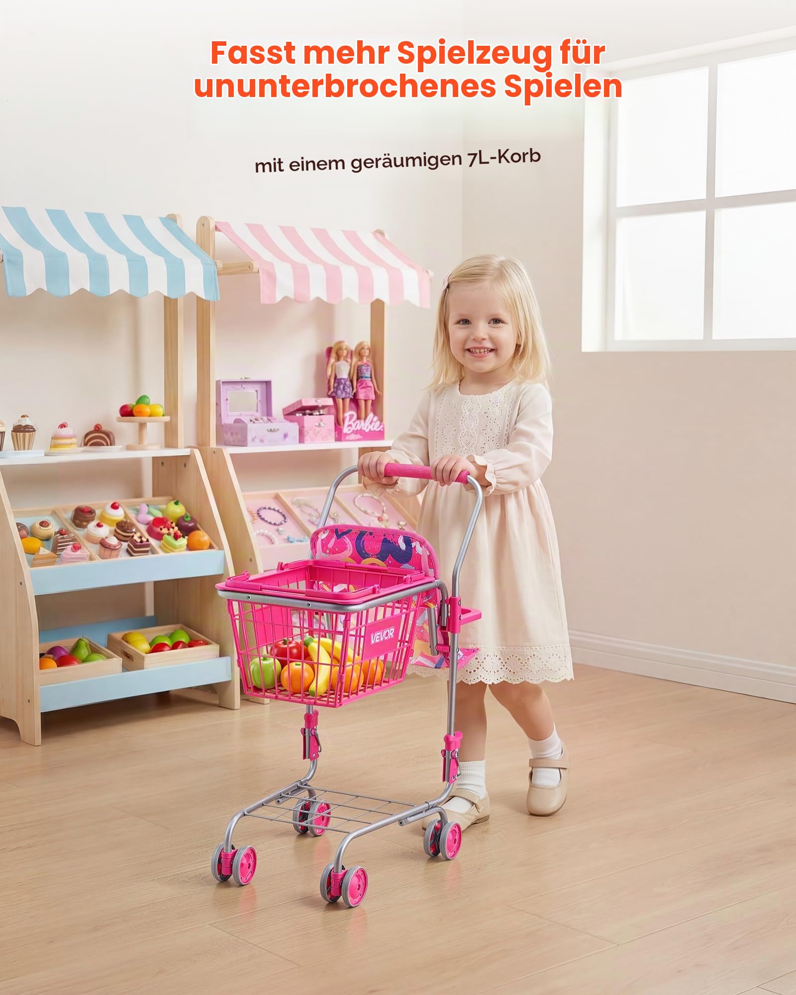 VEVOR Einkaufswagen für Kinder, Einkaufswagen Supermarkt Spielzeug mit Klappsitz für Puppen Stahlrahmen & Rollen, Faltbares Kaufladenzubehör mit Puppen-Spielzeug, Kaufmannsladen Spiele für Kinder ab 3