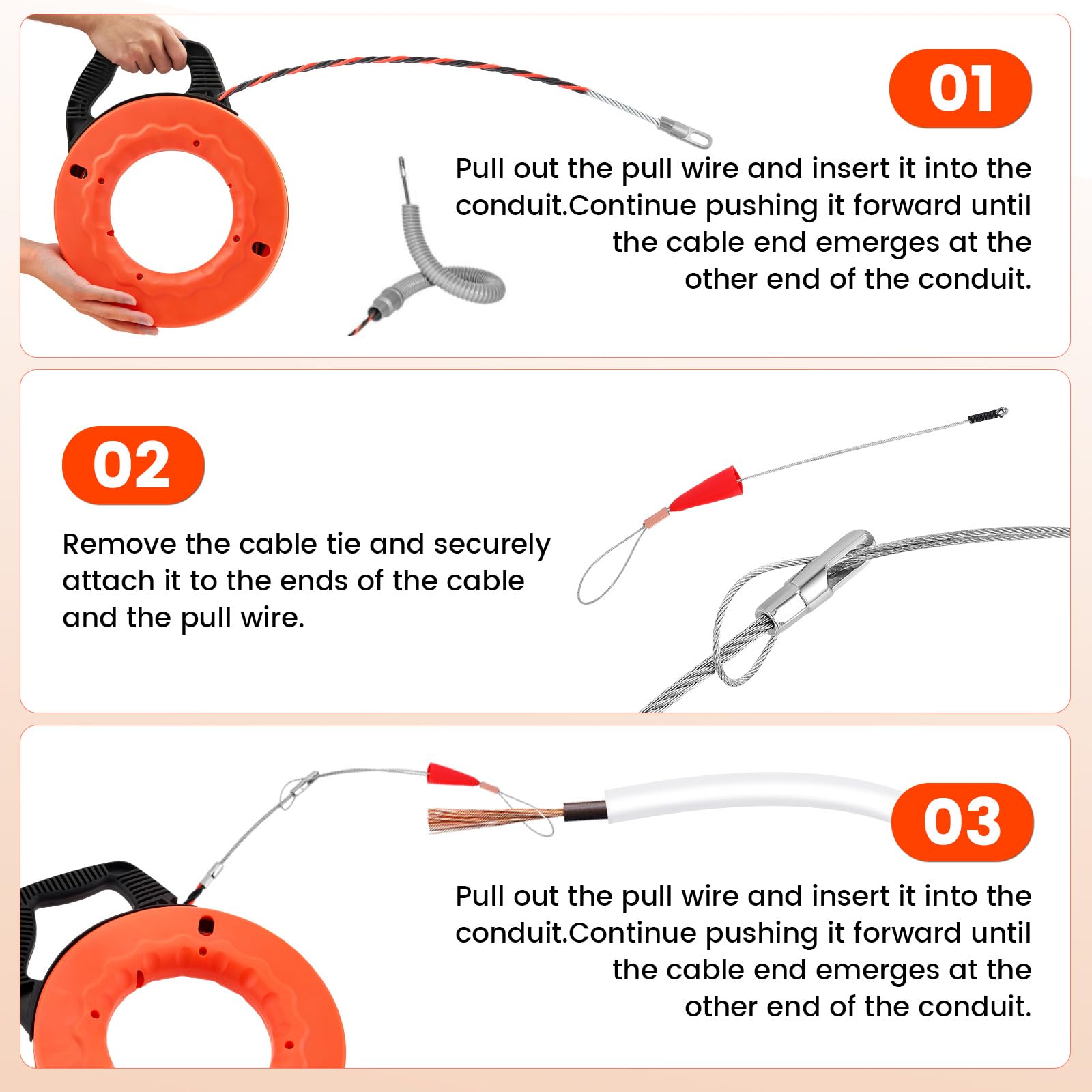 Guía Pasacables 30m, Enhebrador de Alambre Electrico Diámetro 5 mm, Sonda Guía para Electricista con 2 Muelles de Guía, con Mango, Herramienta para Pasar Cables en Instalaciones Eléctricas (Naranja)