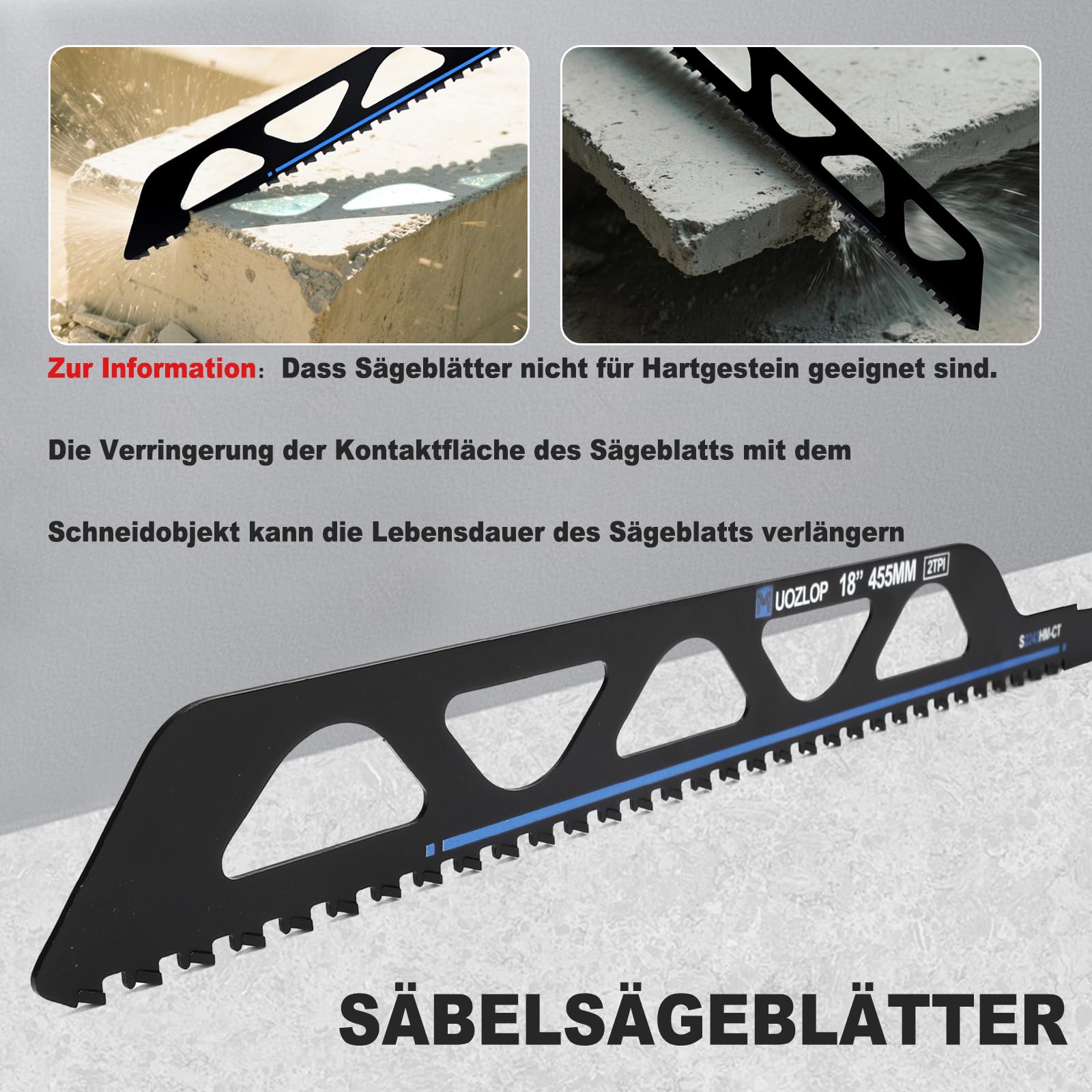 455mm Säbelsägeblätter Stein， 3 Stück säbelsägeblätter hartmetall ，steinsäge，Sägeblätter Säbelsäge für Porenbeton, Metall，Ziegel，Beton (3, 455mm)