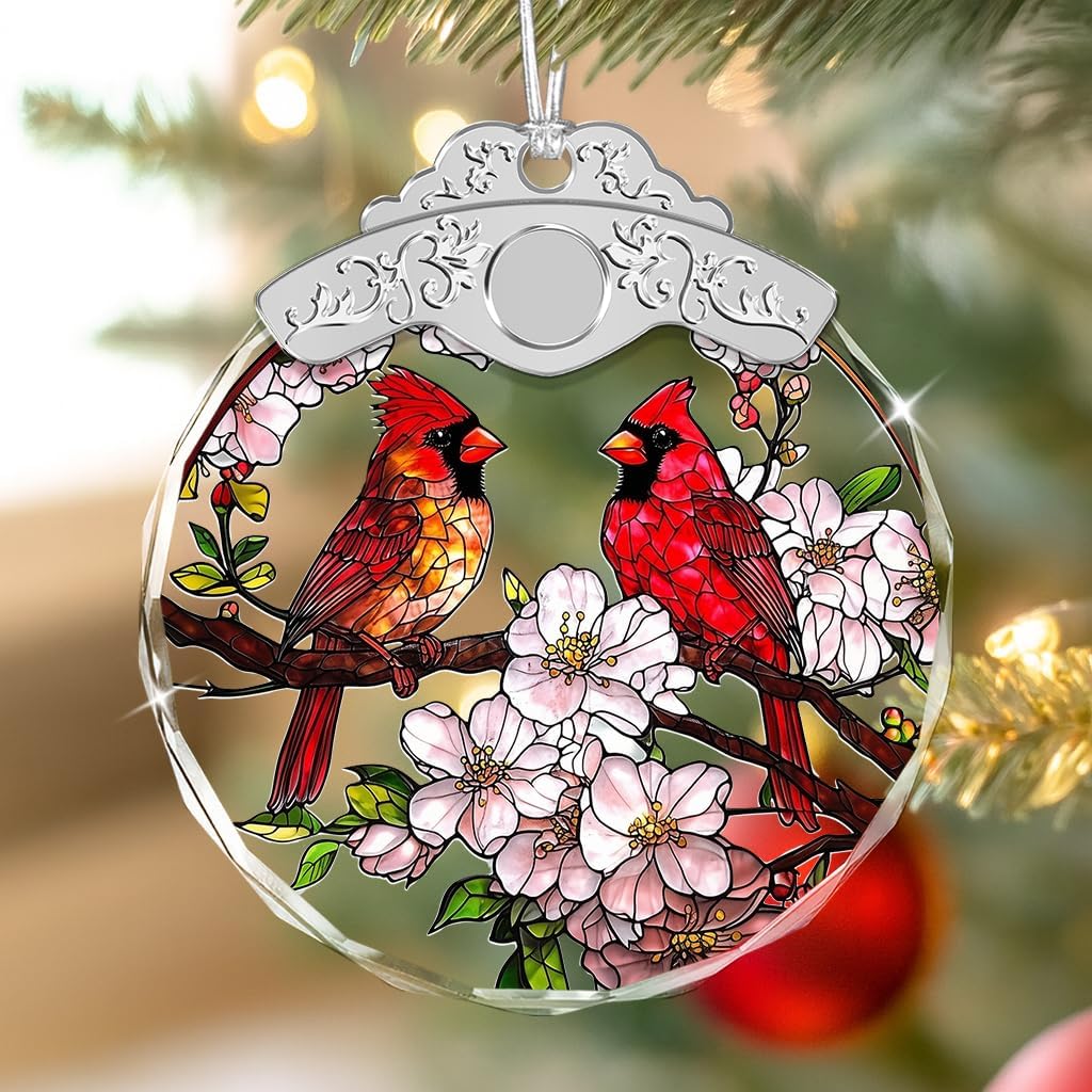Glass Ornament - Cardinal Birds & Flowers - Cherry Blossom Branch & Bird Decor for Home Patio Porch - Mother's Day for Mom Dad - Unique Keepsake Couple Parent Friend Sister - Image 7