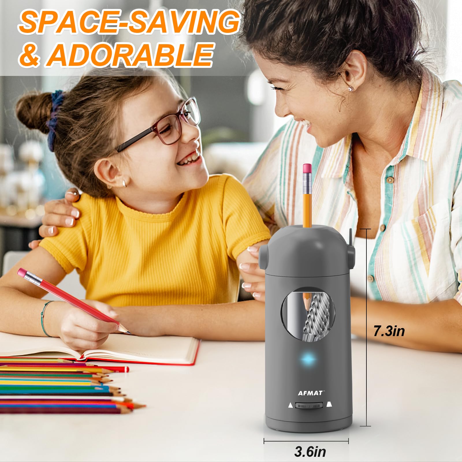 AFMAT Electric Pencil Sharpener, Fully Automatic Pencil Sharpener for Colored Pencils 7-11.5mm, Auto in & Out, Rechargeable Hands-Free Pencil Sharpener for Large Pencils, Adjustable Thickness, Gray
