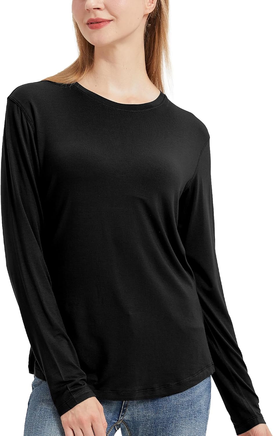 netdraw Women's Lightweight Bamboo Viscose T-Shirt Buttery Soft Curved Hem Long Sleeve Sleep Lounge Pajama Tops