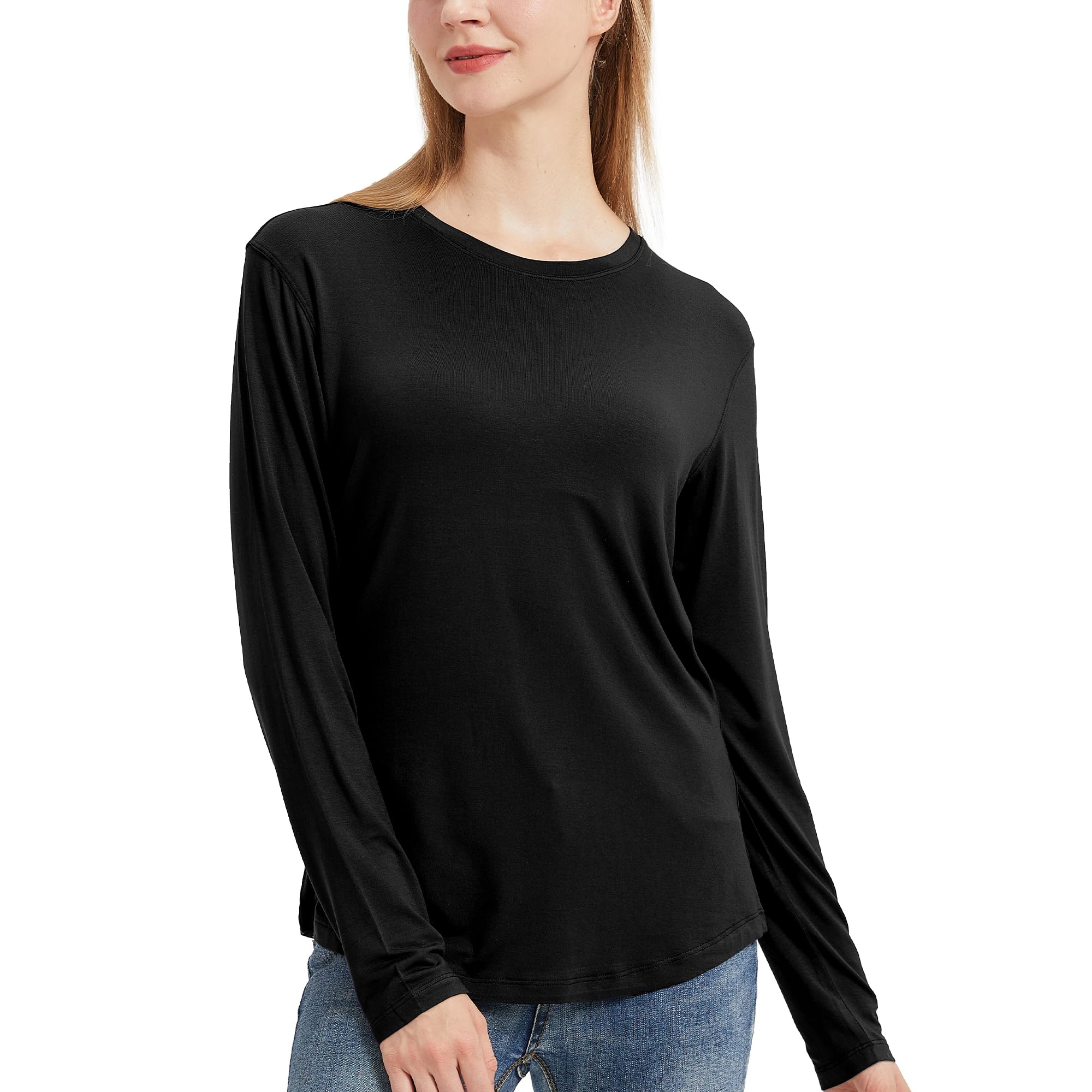 netdraw Women's Lightweight Bamboo Viscose T-Shirt Buttery Soft Curved Hem Long Sleeve Sleep Lounge Pajama Tops