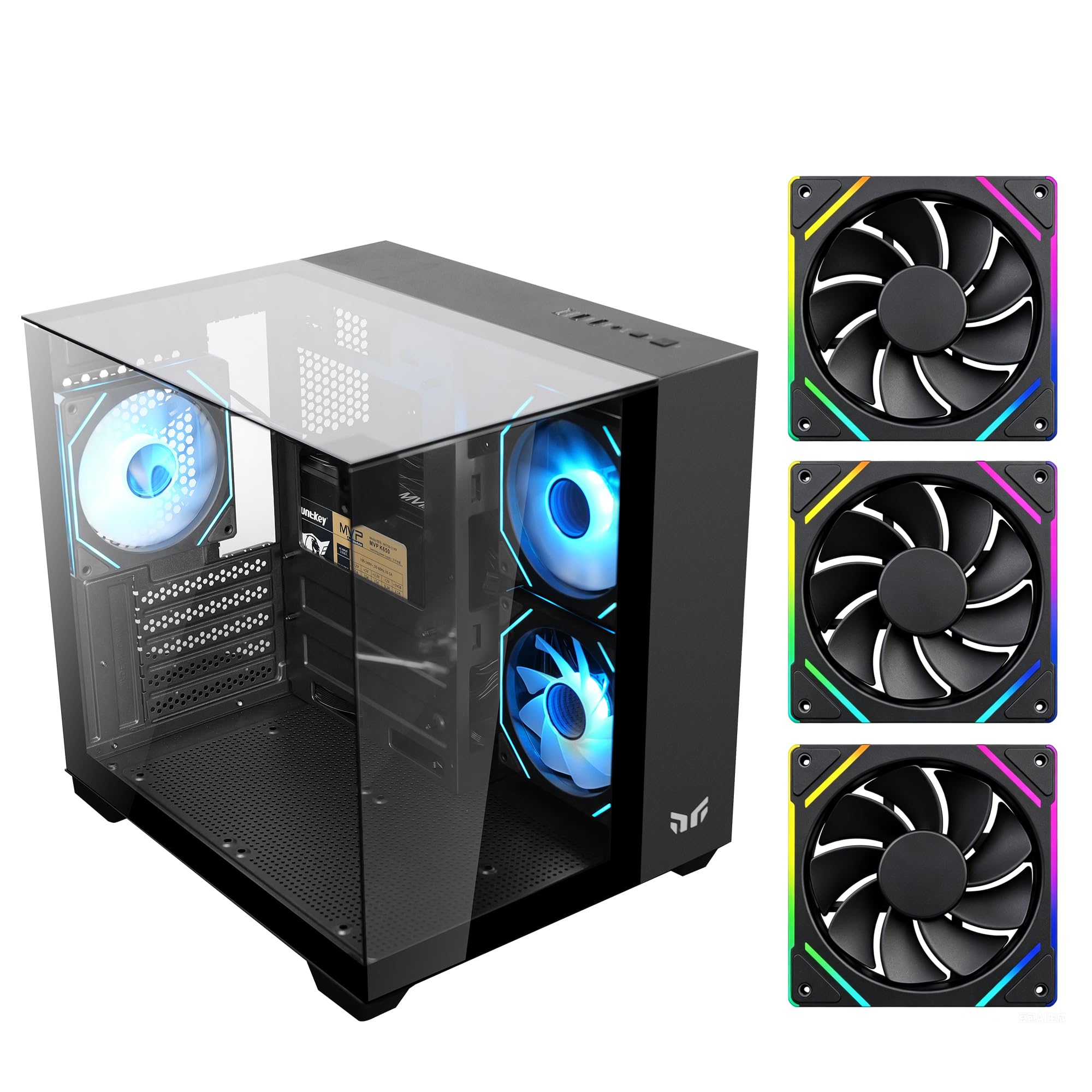 Cube Micro ATX Gaming PC Case with 270° Panoramic Tempered Glass, 3 Pre-Installed ARGB Fans, Compact Mini Tower Computer Case for Micro ATX & Mini-ITX Builds, USB-C, Black