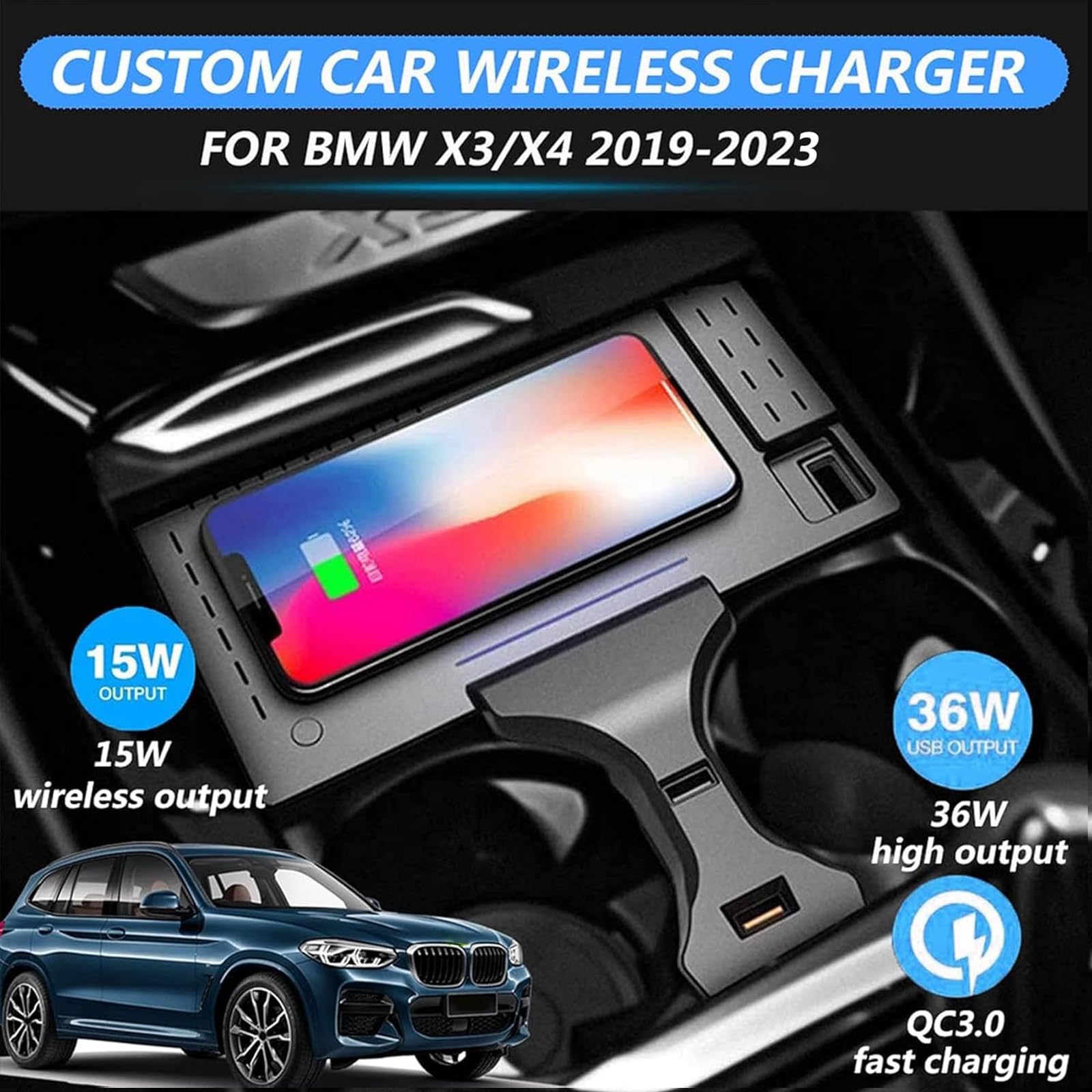 2024 Wersja Bezprzewodowa ładowarka Samochodowa do BMW X3/X4 2018 2019 2020 2021 2022 2023,ładowanie Bezprzewodowe 15 W + USB*2,Bezprzewodowa ładowarka Samochodowa do Samsunga i iPhone'a