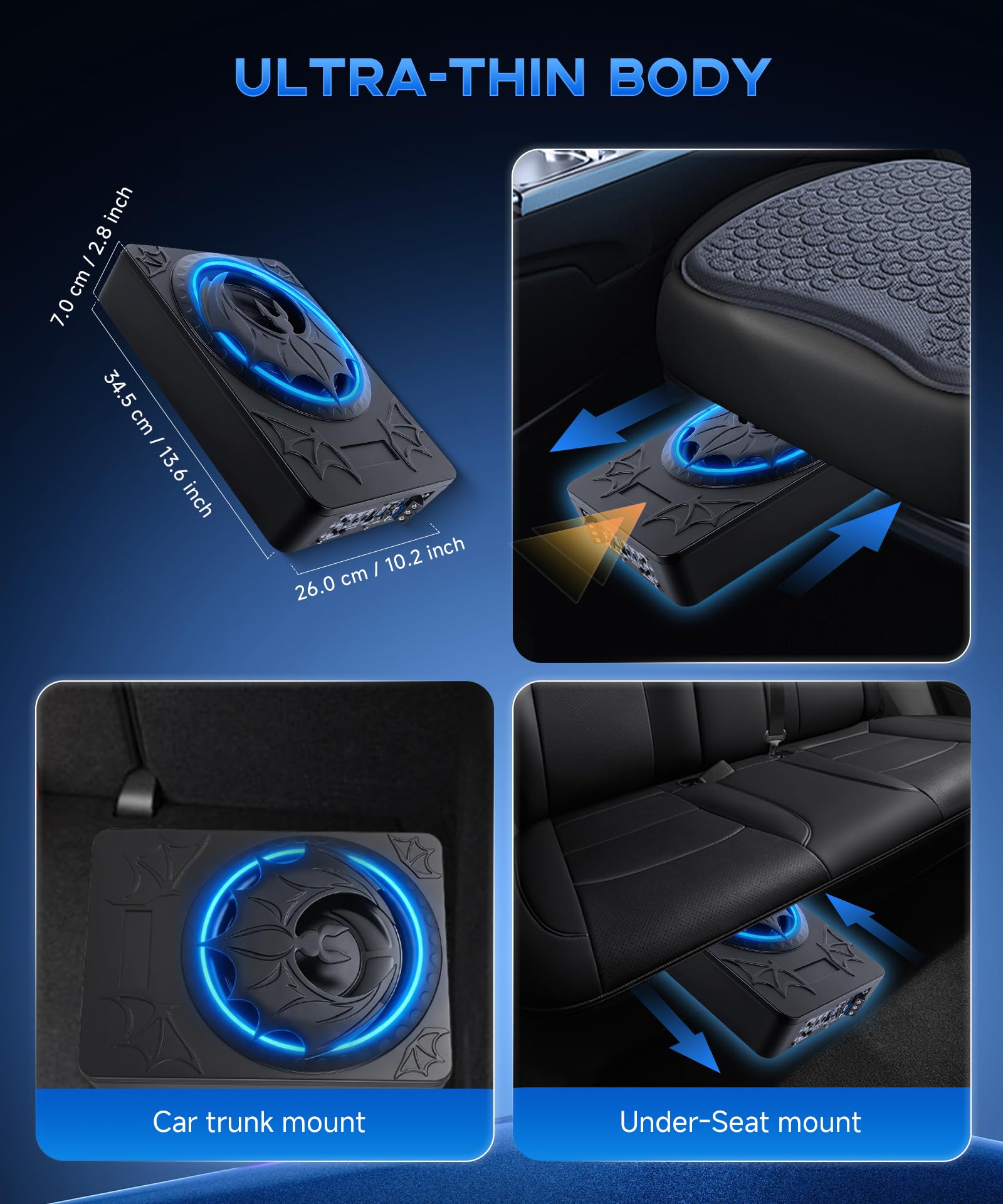 Subwoofer Attivo per Auto da 1200W 10 Pollici, Set Subwoofer e Amplificatore Ultrapiatto ad Alta Potenza da Posizionare Sotto il Sedile con Luce RGB Sincronizzata al Ritmo, Modello di pipistrello
