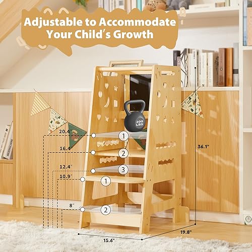 Miniatura 5 de KIDHABE - Ayudante de cocina de madera para niños pequeños, torre de aprendizaje ajustable con red de seguridad desmontable, alfombrillas