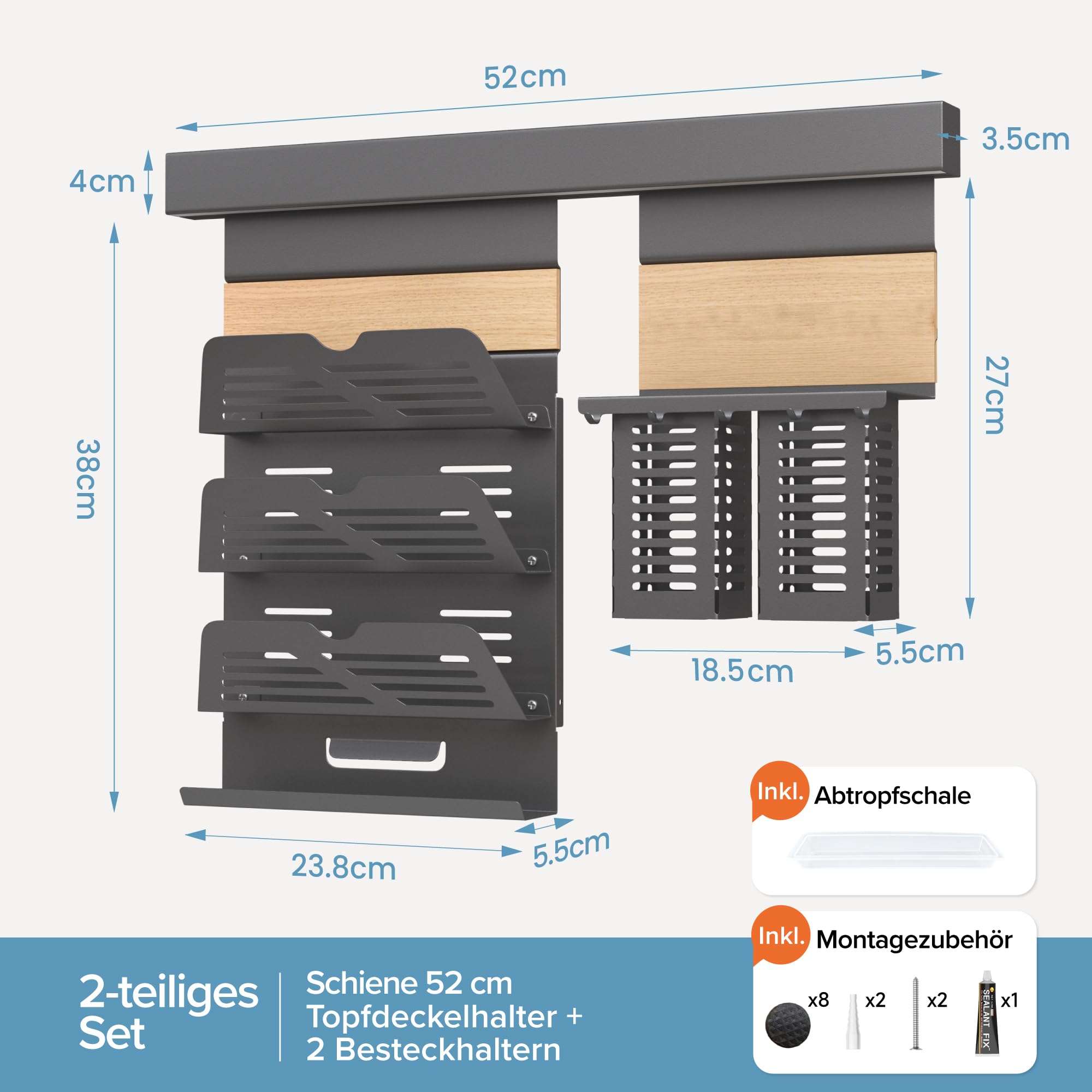 doporro Küchen-Organizer 52cm mit Topfdeckelhalter und 2 Besteckhalter | Hakenleiste Küche 52 cm aus Metall, mit 3 Ebenen Deckelhalter und 5 Haken, Küchen Wandregal Schrauben oder Kleben, Grau Reglo