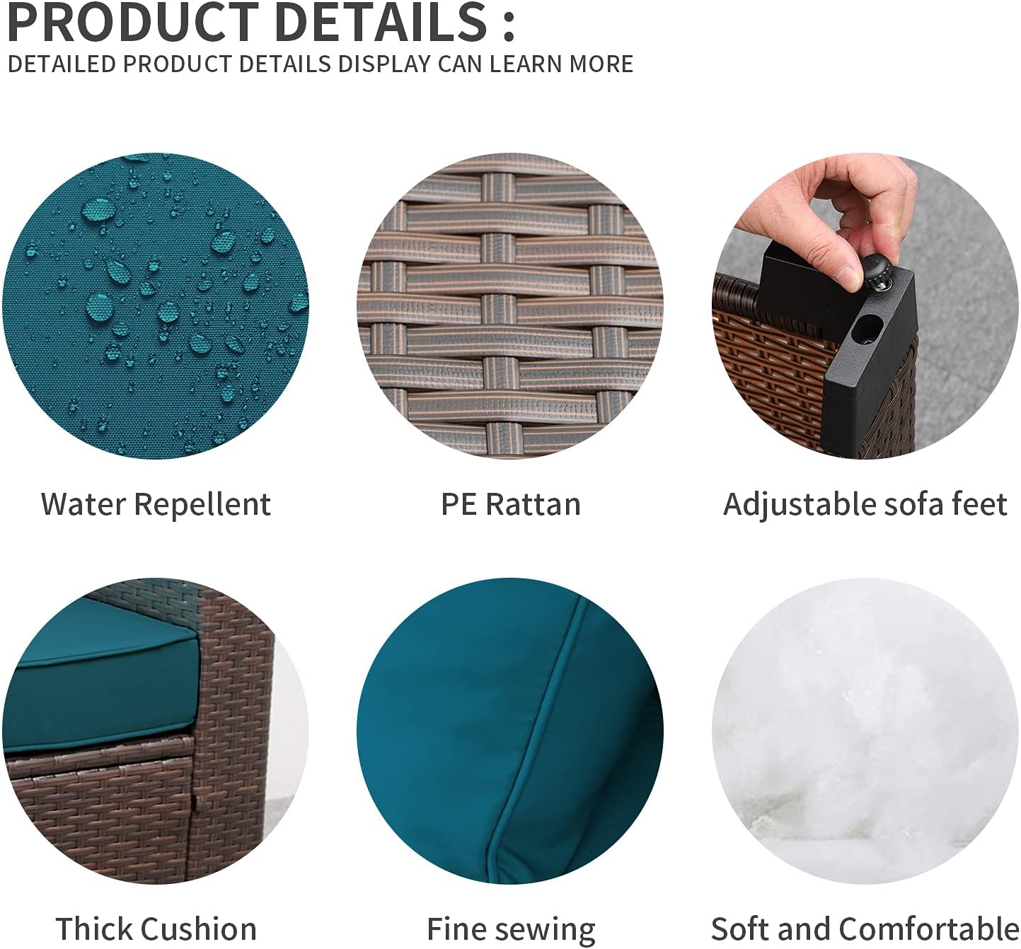 Valita 3-Seat Patio PE Wicker Couch Furniture Outdoor Brown Rattan Sofa with Washable Peacock Blue Cushions : Everything Else