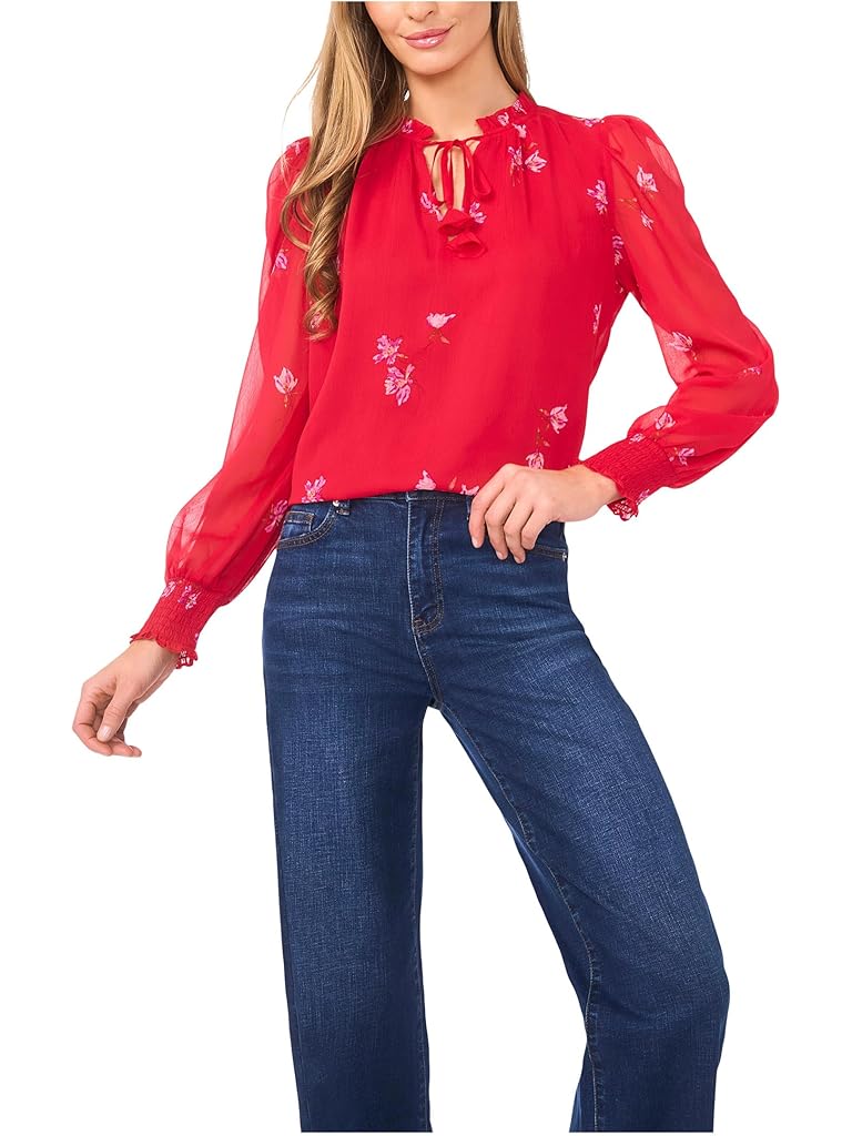 Red CeCe Smocked Cuff Ruffle Tie Neck Top