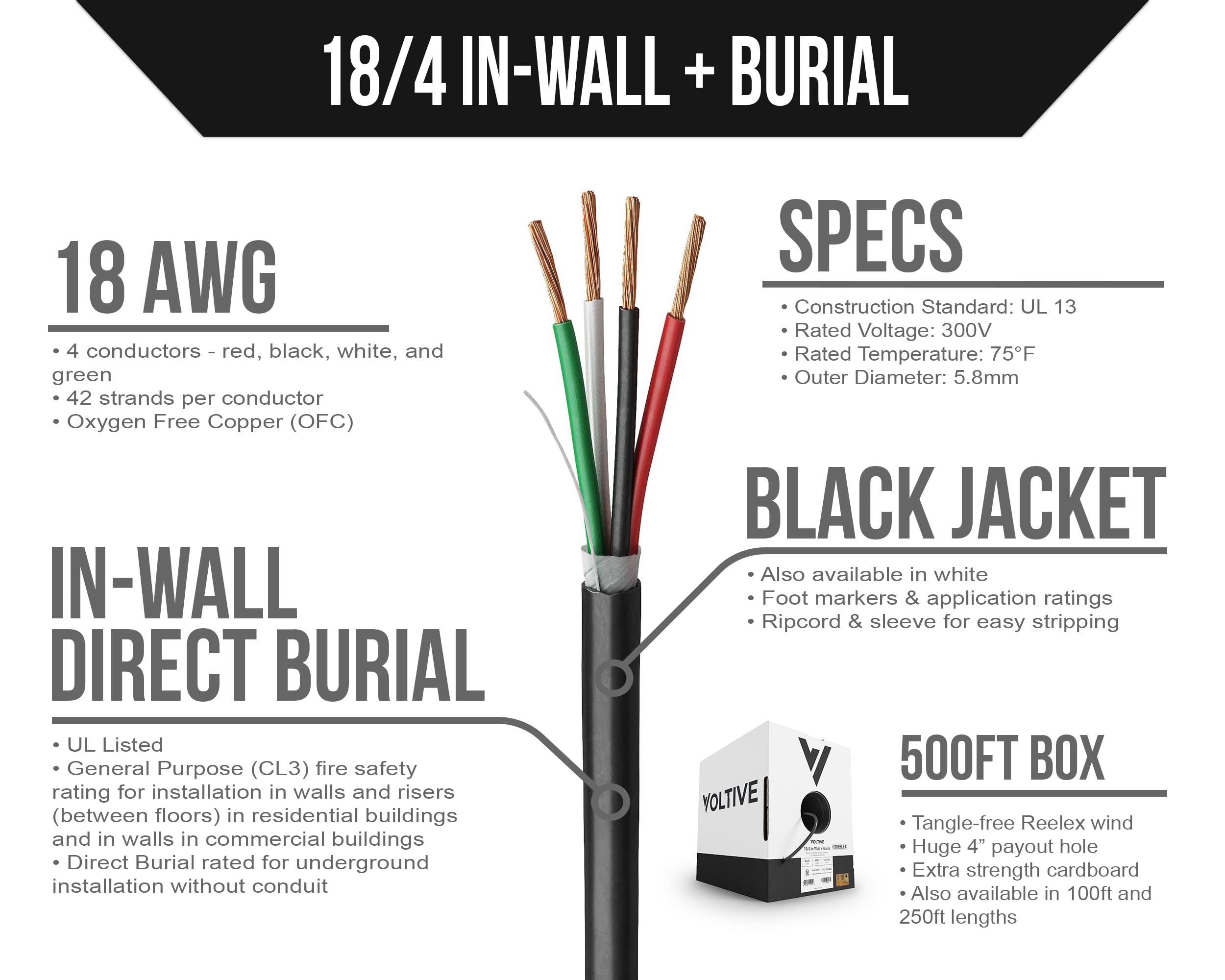 Voltive Cable de bajo voltaje 18/4, 500 pies, negro - cobre desnudo trenzado - UL Listed CL2/CL3 y clasificación de entierro directo - alarma/seguridad, iluminación LED, audio/altavoces