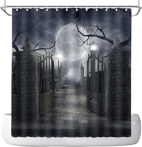 Miniatura 2 de Cortina de ducha de Halloween para baño, noche aterradora, patio, puerta, luna espeluznante, árbol muerto, lámpara de calle, poliester, impermeable,