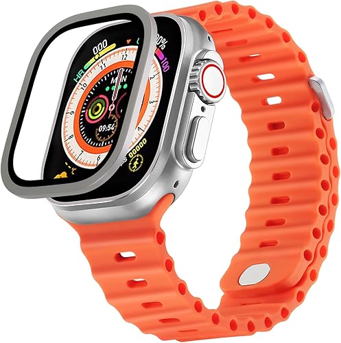 Compatible con Apple Watch Ultra 2 Band de 1.929 in con protector de pantalla de vidrio templado deportivo, correa impermeable de silicona suave
