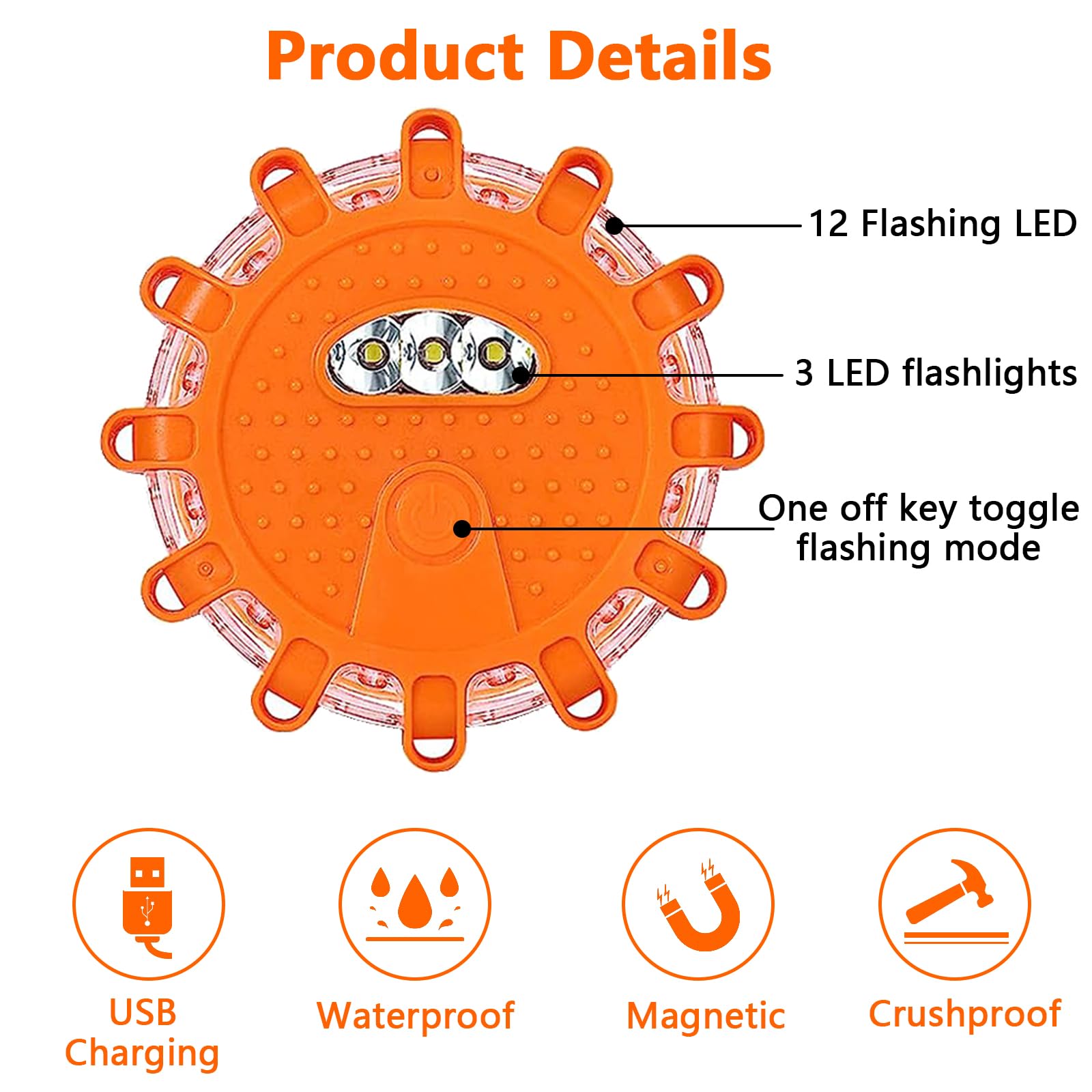Aisny 6 Pz Luce Emergenza Auto, Lampada Emergenza a LED Impermeabile con Caricabatteria per Auto Cavo USB 3 in 1 e Borsa Luminosa Alla Lampada a LED con 9 Lampeggianti per Incidenti Stradali