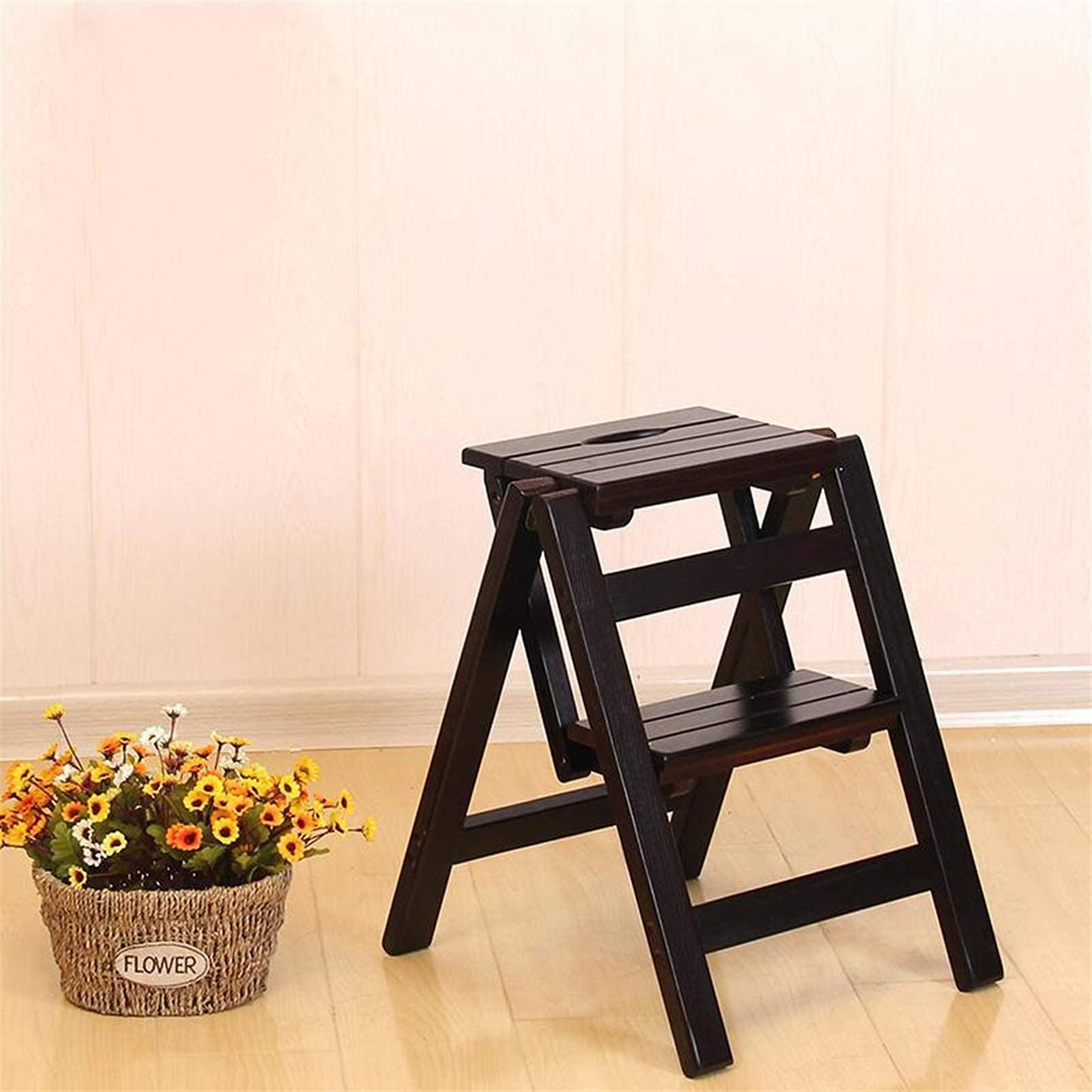 Cxvhsertwr Black Ladders For Home, Ladder Stool Solid Wood Household Folding Two-Step(Black)