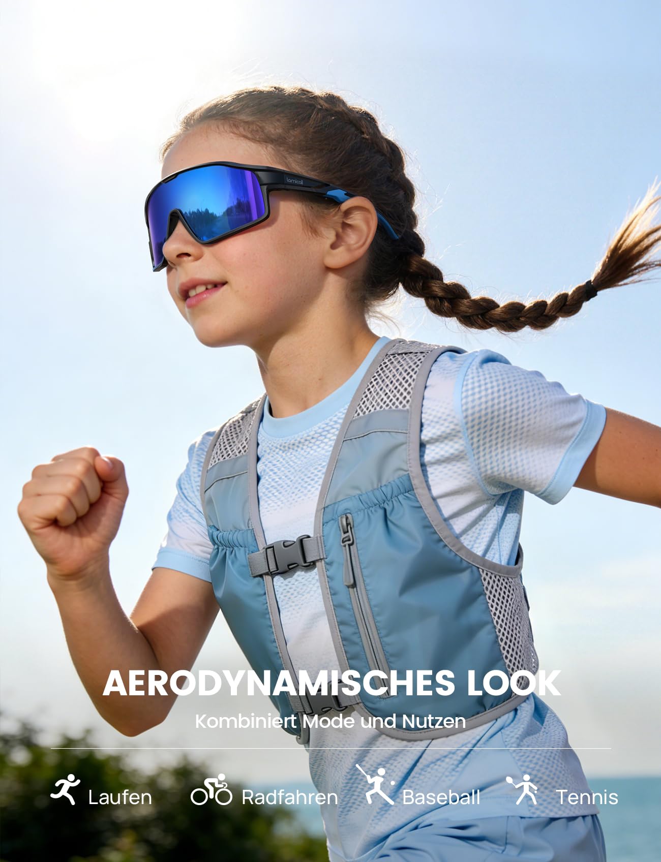 Lamicall Fahrradbrille Kinder, Sportbrille Sonnenbrille - [22g TR-90 Ultraleicht] UV400 Polarisierte Schnelle Brille für Junge & Mädchen, Laufbrille Fahrrad Brille Sport mit Verstellbaren Nasenpads