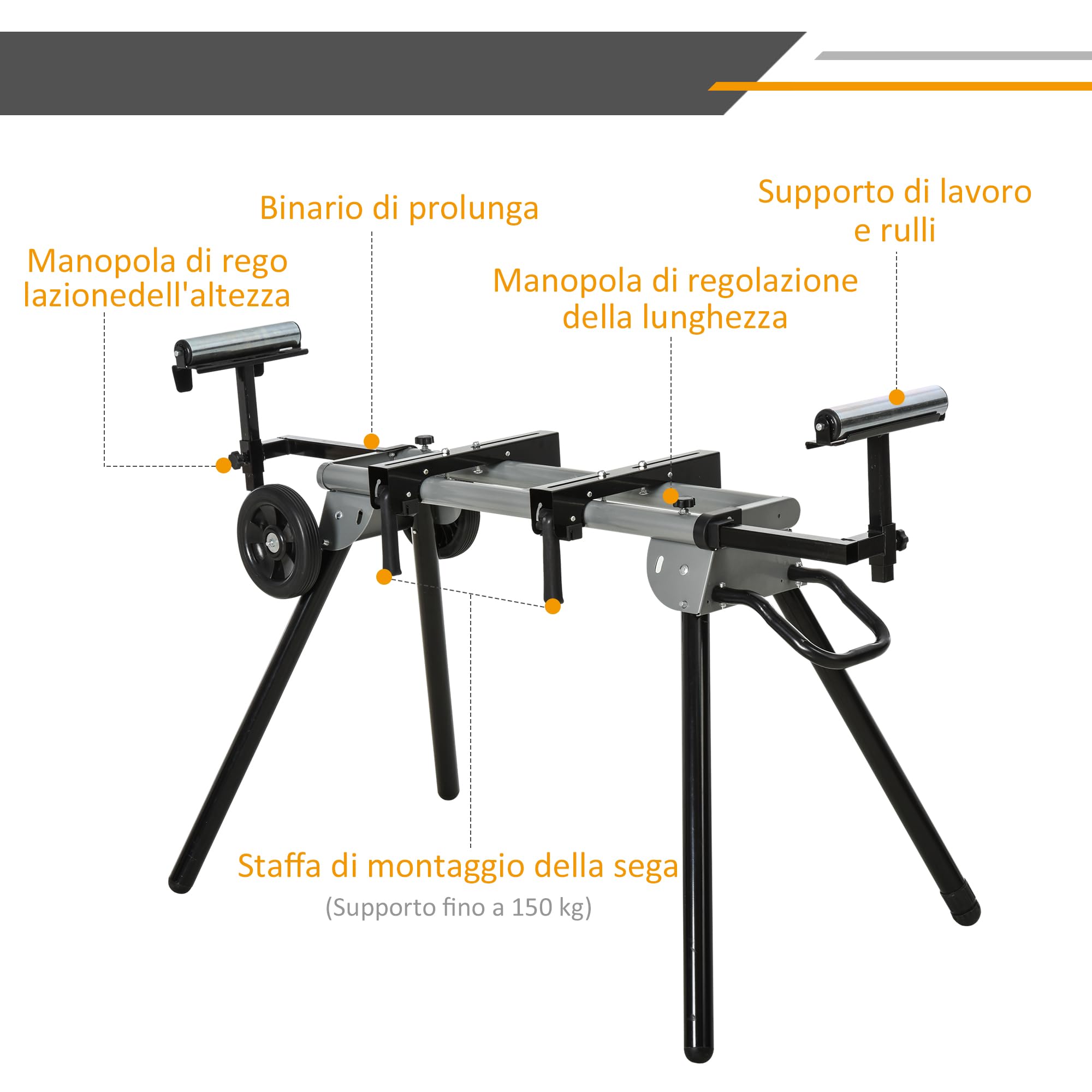 DURHAND Cavalletto Supporto per Troncatrici Universale, Banchetto Estensibile Regolabile e Pieghevole Carico Massimo 150kg, Nero e Argento