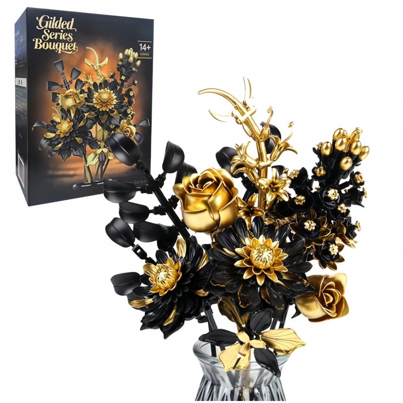 SymGrpu Black & Golden Flowers Bouquet Building Set, Roses Dahlias Botanical Building Bricks Kit, DIY Artificial Floral Arrangement for Desk Centerpieces, Luxury Home Decor, Gift for Adults Women — image 1