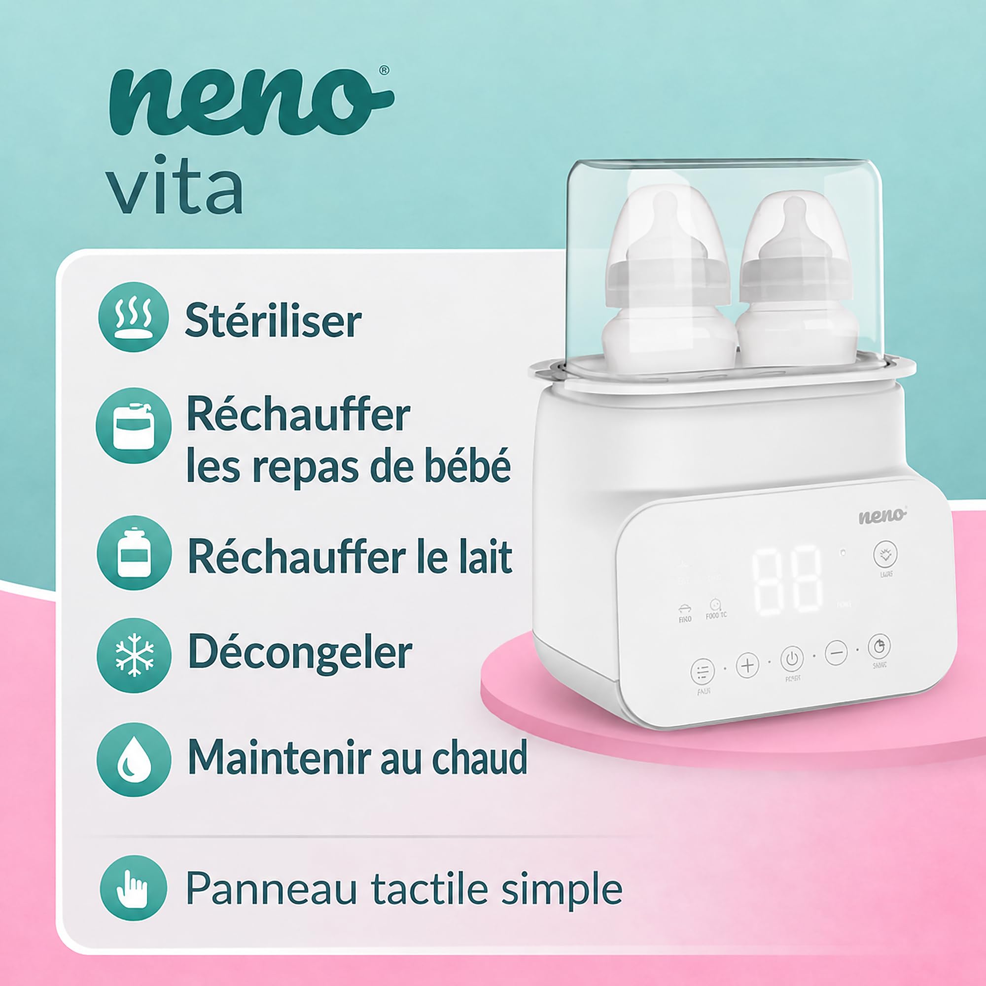 Neno VITA, Chauffe-Biberon Bébé et Stérilisateur pour Biberons, Chauffe Lait Bébé 5-en-1: Stérilisation, Chauffage du Lait et des Repas, Décongélation, Maintien au Chaud, 4 Modes de Fonctionnement