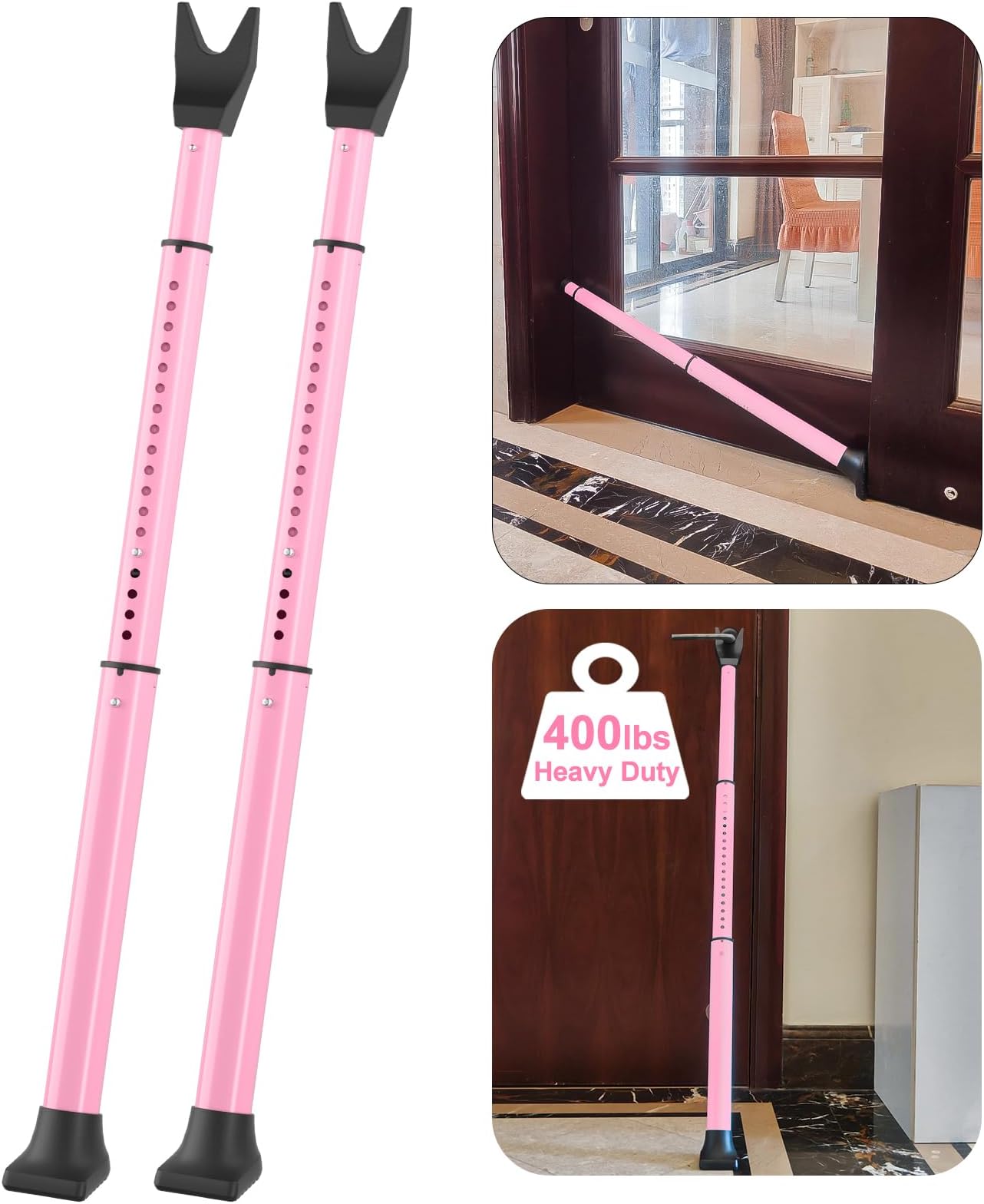 Rerishom Door Security Bar, 2 Pack Pink, Adjustable 17.5-46 Inch, Heavy Duty 400 Lbs Pressure, Modern Style, Under Door Mount Metal Door Stop