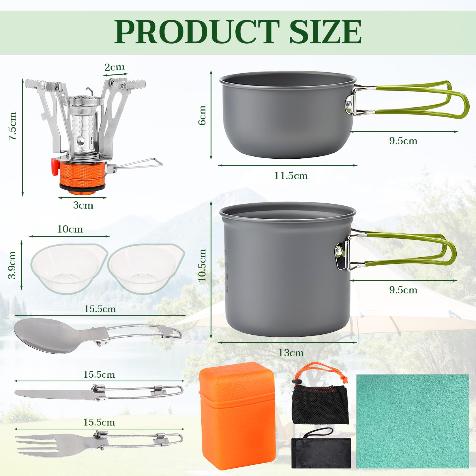 Herbst Camping Kochgeschirr Set, 11pcs Camping Geschirr Set mit Mini Campingkocher, Faltbare Gaskocher Topf und Faltbares Besteck, Faltbare Besteck Reinigungstücher für Outdoor Picknick und Wandern