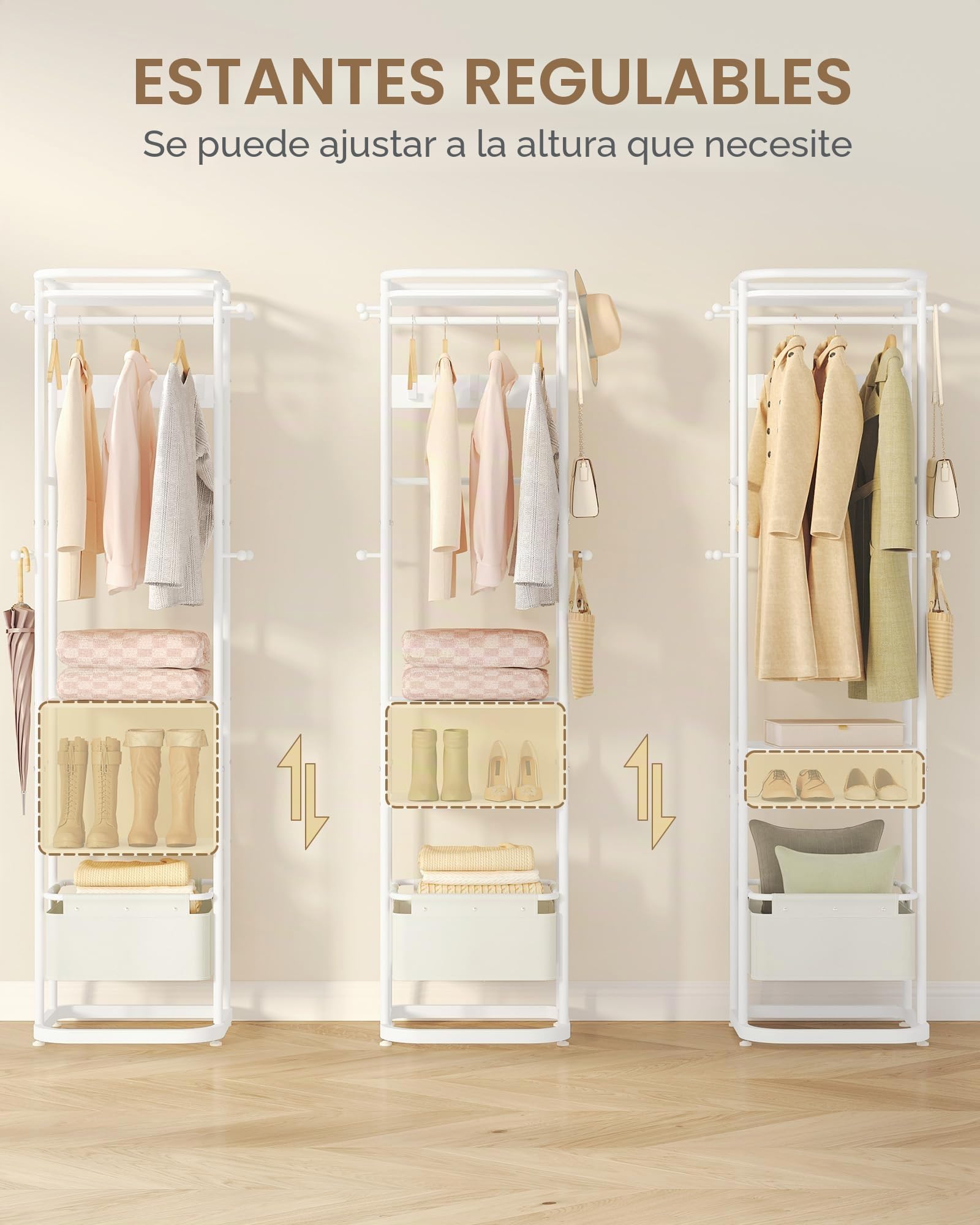 Hzuaneri Perchero, perchero de pie, 40 x 44,5 x 182 cm, 3 estantes, 11 ganchos, 1 cesta, perchero entrada recibidor para bufandas, bolsas, para dormitorio, pasillo, entrada, oficina, Blanco CR34703W | Cesta de almacenamiento grande de 40 x 44,5 x 182 cm,