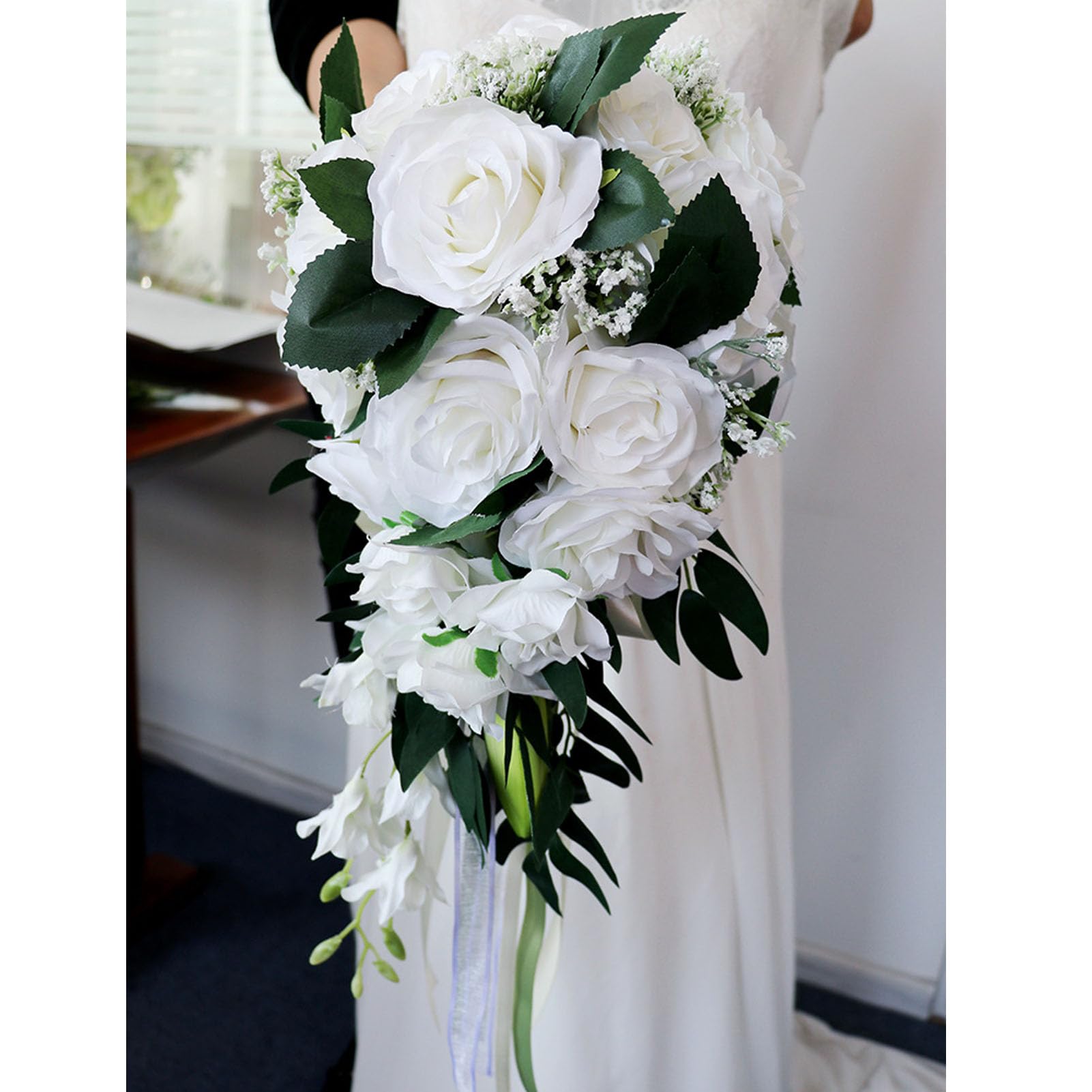 Artificial Rose Bridesmaid Bouquet - Romantic Wedding Bouquet for Bridal, Handmade Bride Flowers for Ceremony Tossing, Church Ceremony - White