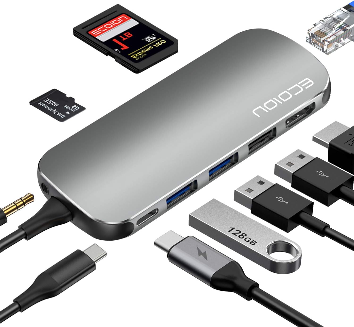 USB C Hub,ECOIOU 9-in-1 Ports Type-C Hub Adapter for 4K HDMI, USB 2.0/3.0 PD Power Delivery, SD 3.0 Card Reader, Ethernet, Audio Jack, Compatible with MacBook, Surface, PixelBook, USB-C Smartphones