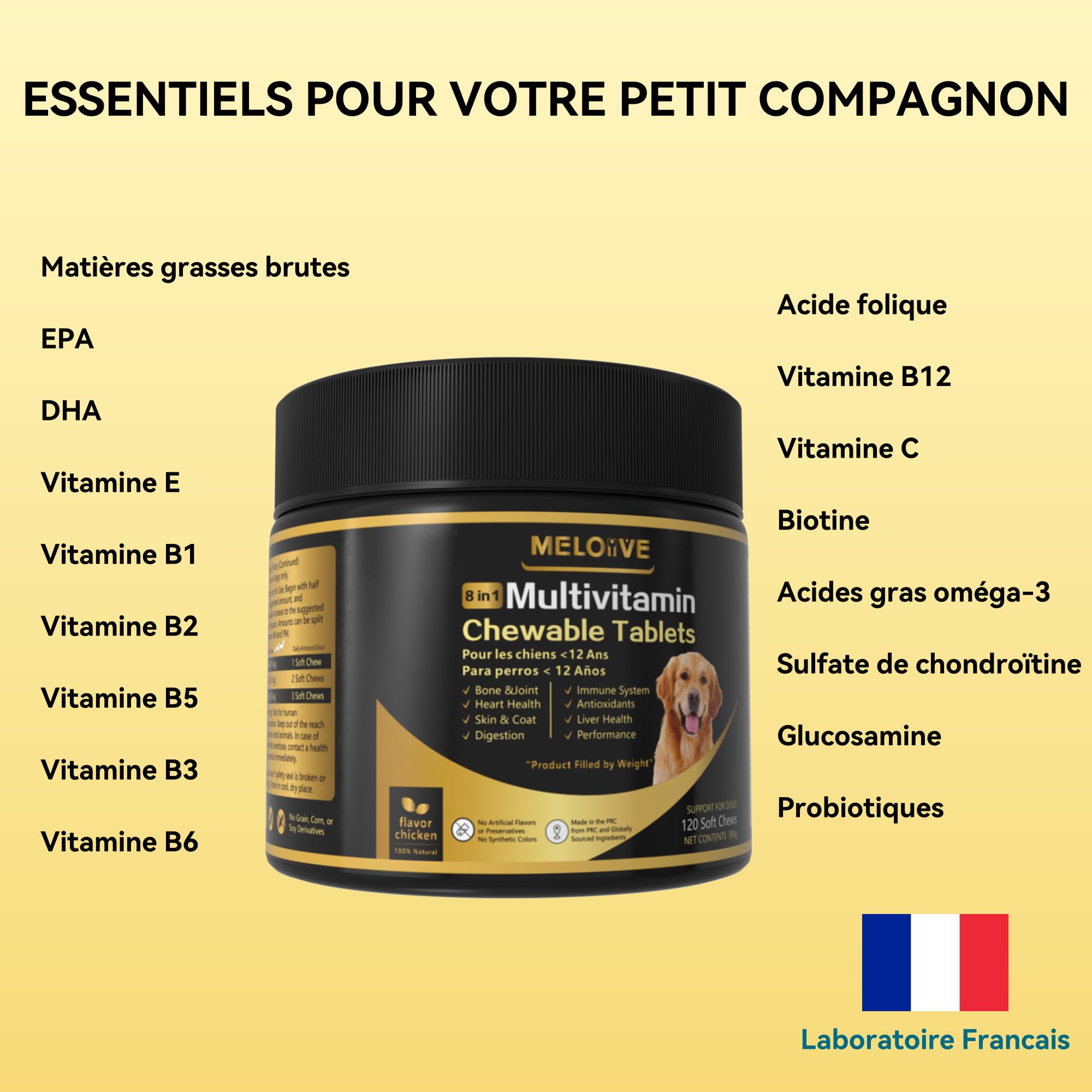 Meloive 8 en 1 Multivitamines pour Chien | Compléments Alimentaires Premium pour Chiens | Vitalité, Probiotiques, Articulations, Pelage, Immunité, Coeur, Cerveau | Au Poulet | 120 Comprimés
