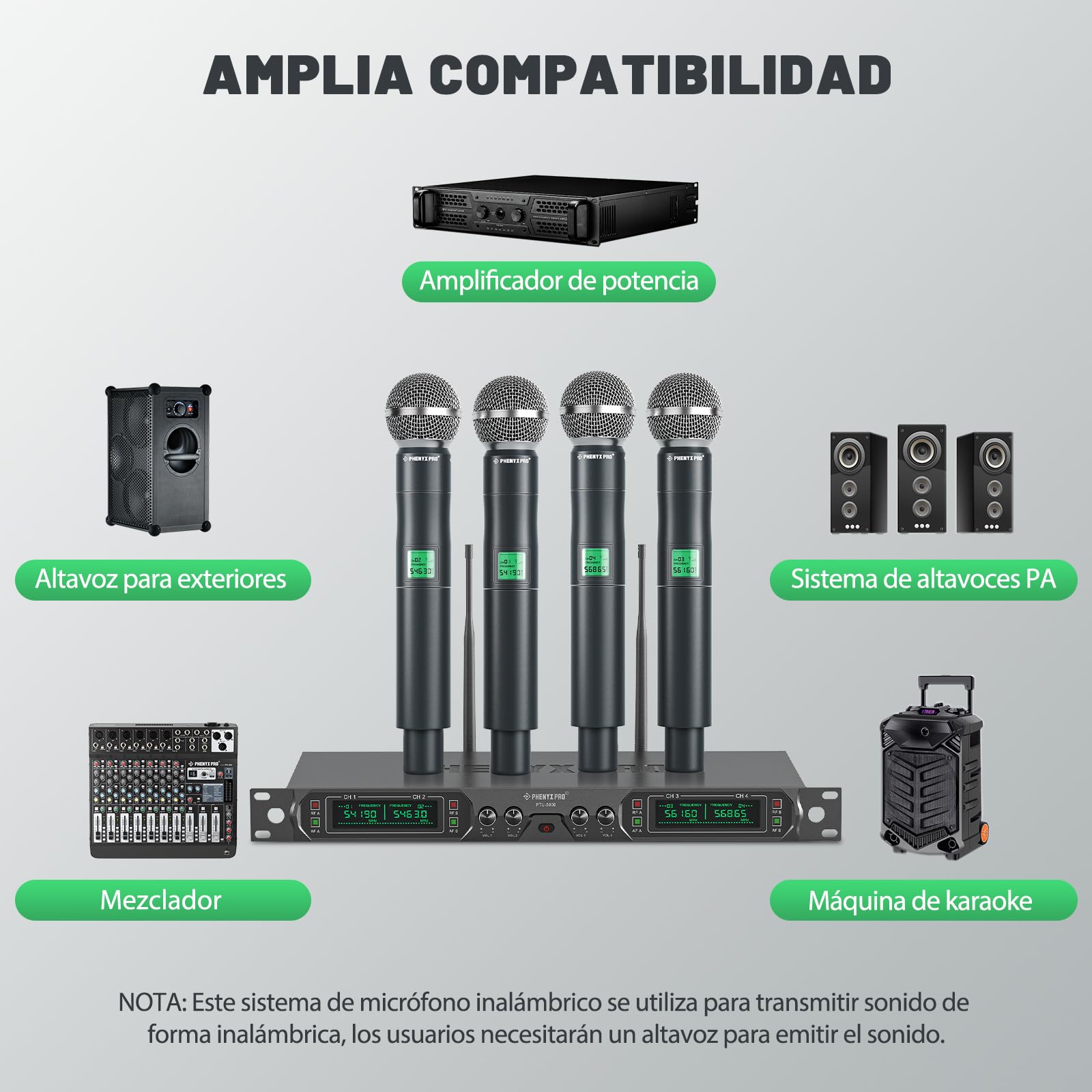 Phenyx Pro 4-Canales UHF Sistema de Micrófono Inalámbrico de Metal, de Frecuencia Fija con 4 Micrófonos Dinámicos de Mano, Alcance de 260ft, para Cantar, Iglesia(PTU-5000-4H)