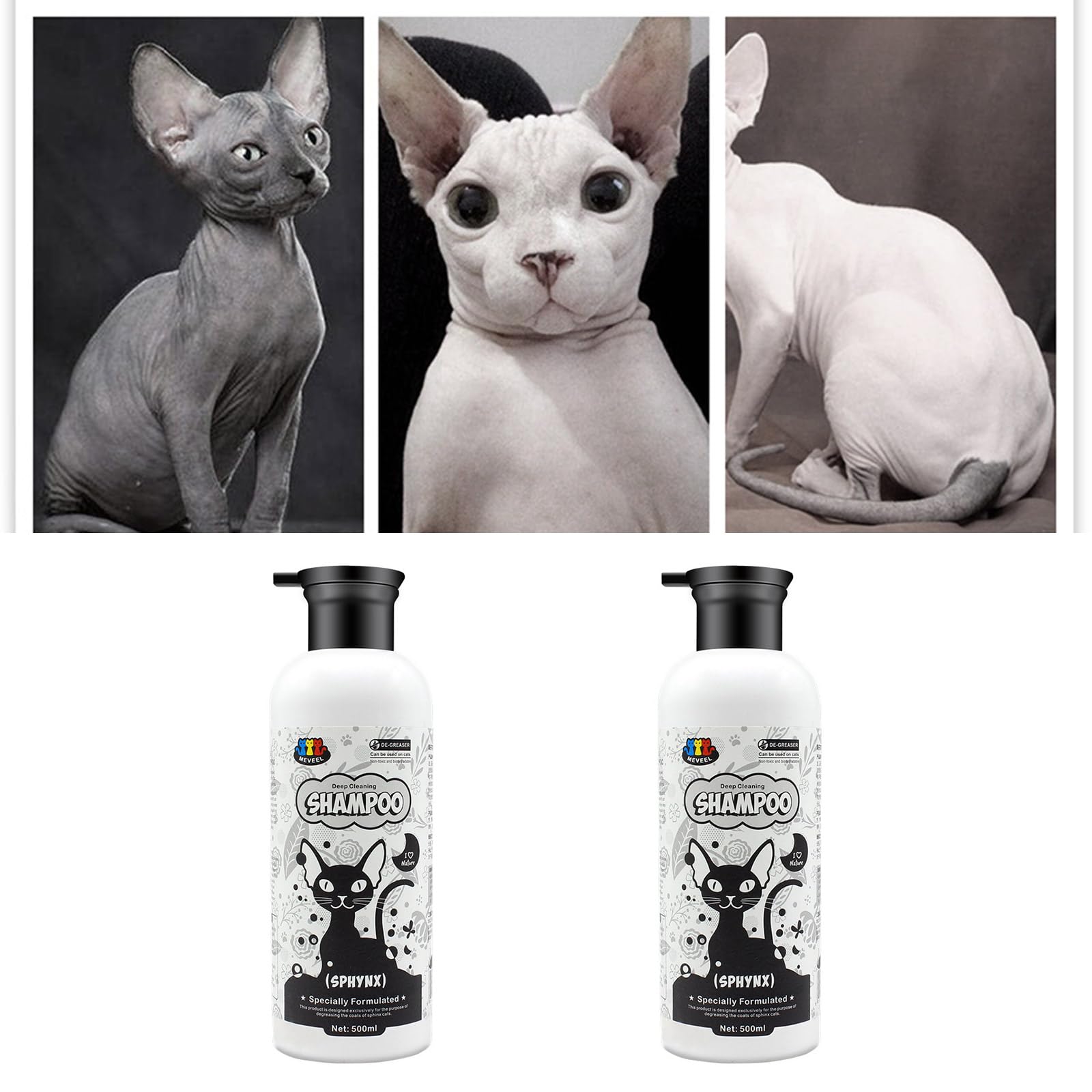 Qsvbeeqj Hairless Shampoo 500ml for Oil Control Easy Effective and Gentle for Sphinx Cats