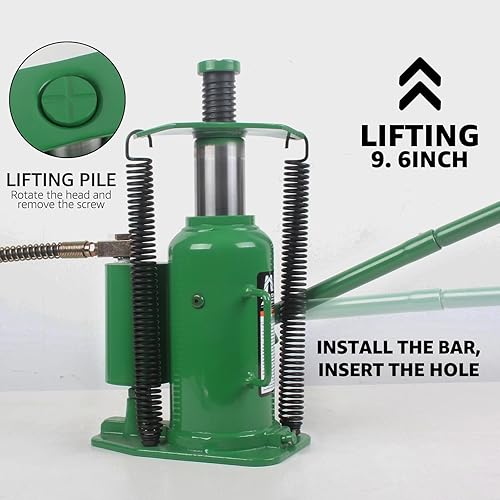 Miniatura 7 de Gato hidráulico de aire para botella con bomba manual manual, capacidad de 20 toneladas (40,000 libras), verde