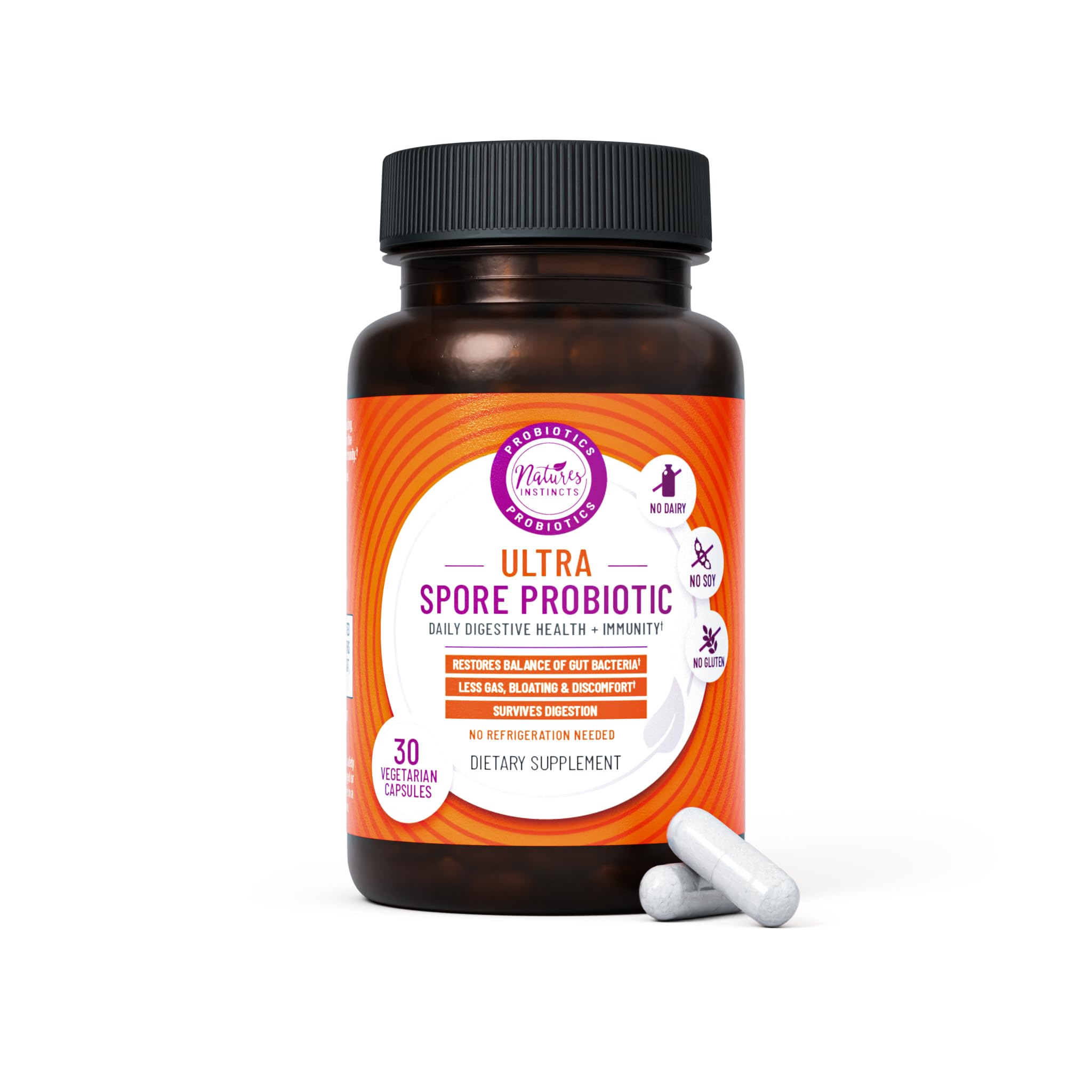 Natures Instincts Ultra Spore Probiotic with Live Strains | Daily Soil Based Probiotic for Digestive Support & Gut Health | Soy-Free, Dairy-Free, Gluten-Free, Non-Refrigerated Probiotics, 30 Capsules